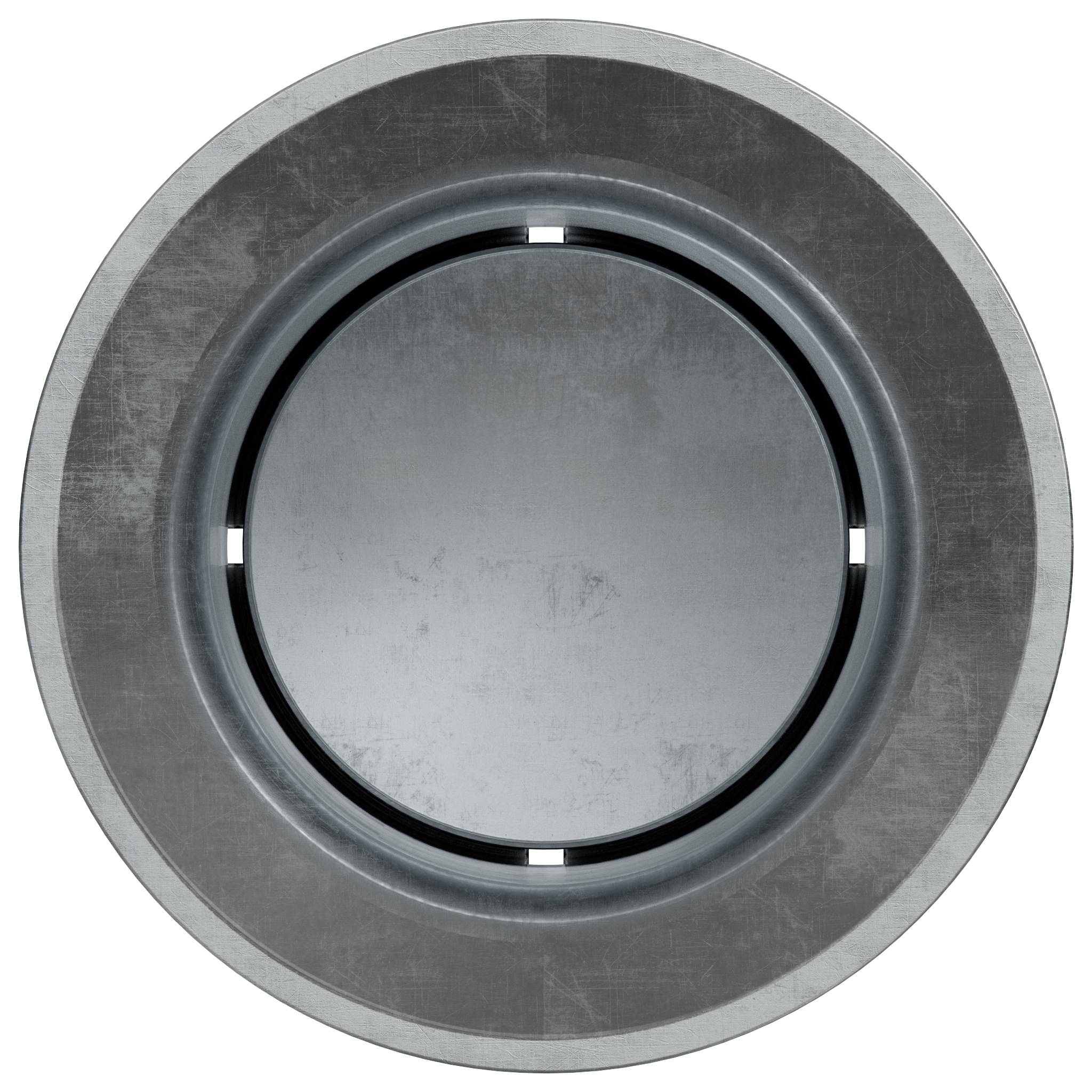 Rundes Metallentlüftungsgitter mit einer zentralen runden Platte und kleinen weißen Verriegelungsmarkierungen auf einfachem Hintergrund.