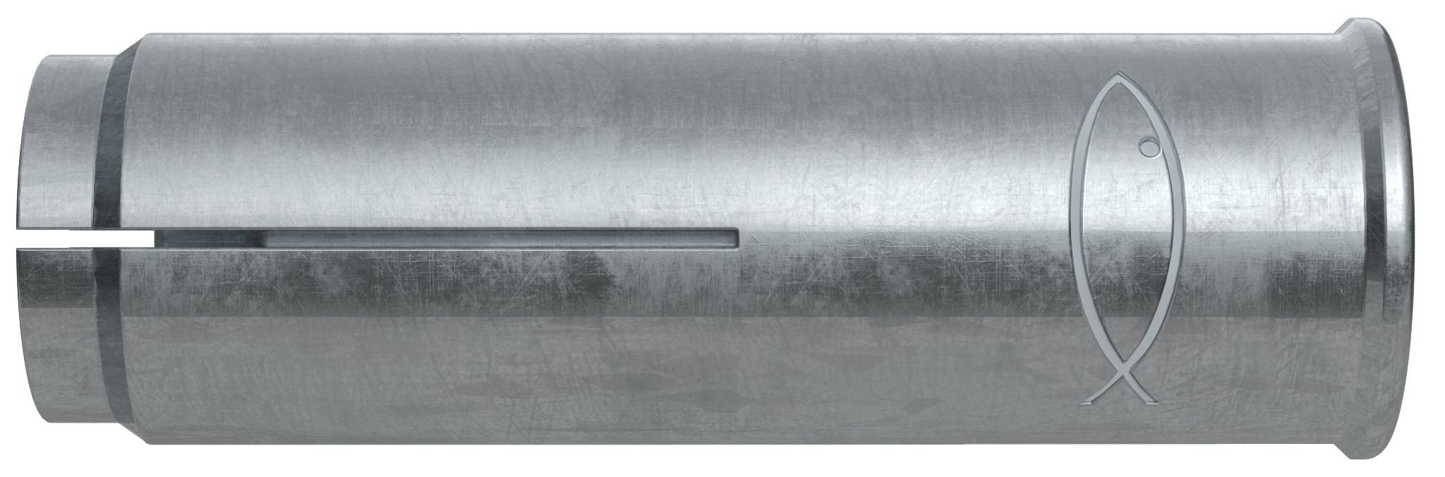 Silbernes zylindrisches Metallteil oder Verbindungselement mit einem Seitenschlitz und einer fischförmigen Kontur nahe dem rechten Ende.