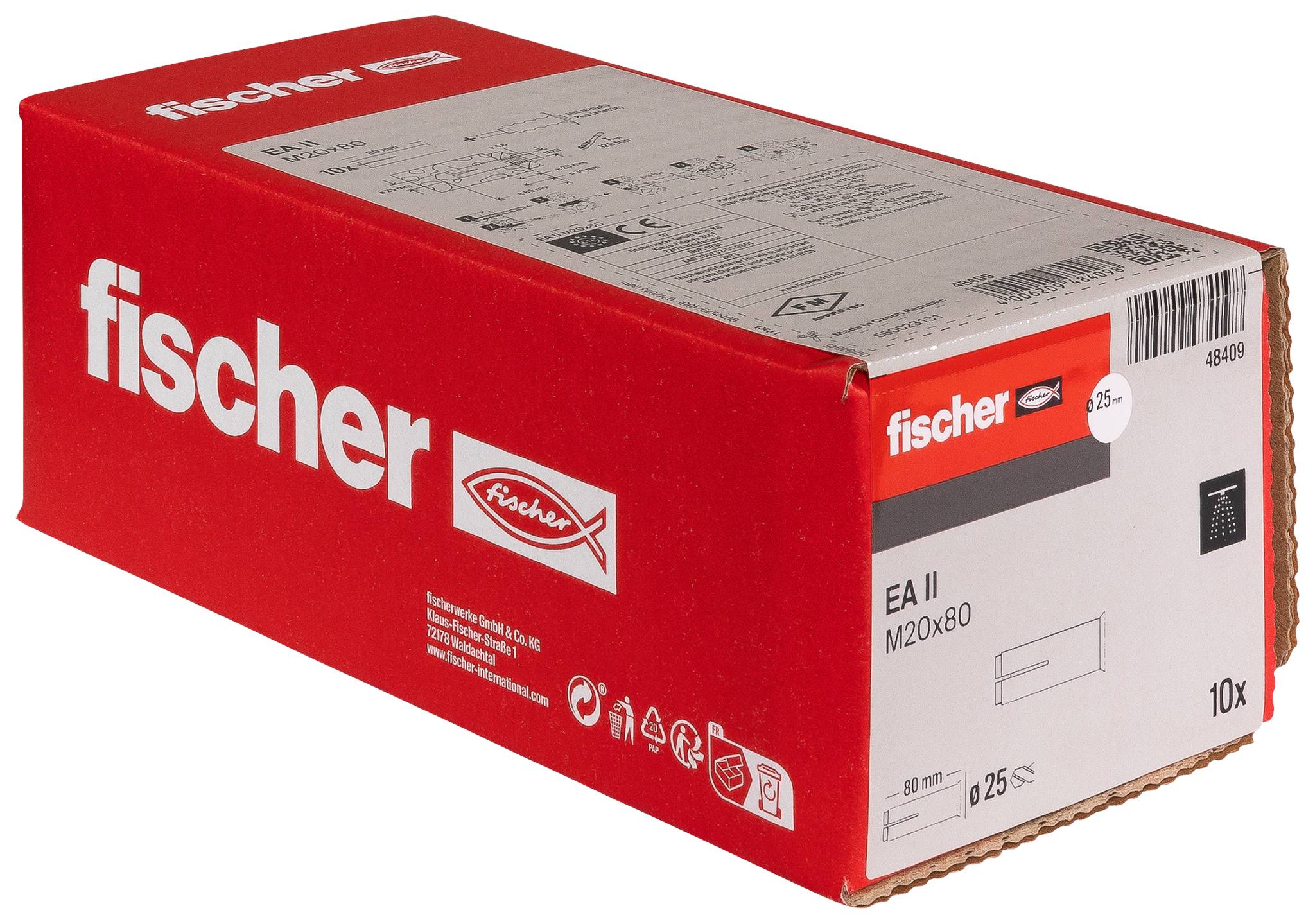 Rote Fischer-Box mit EA II M20x80 Dübeln, beschriftet mit „10x