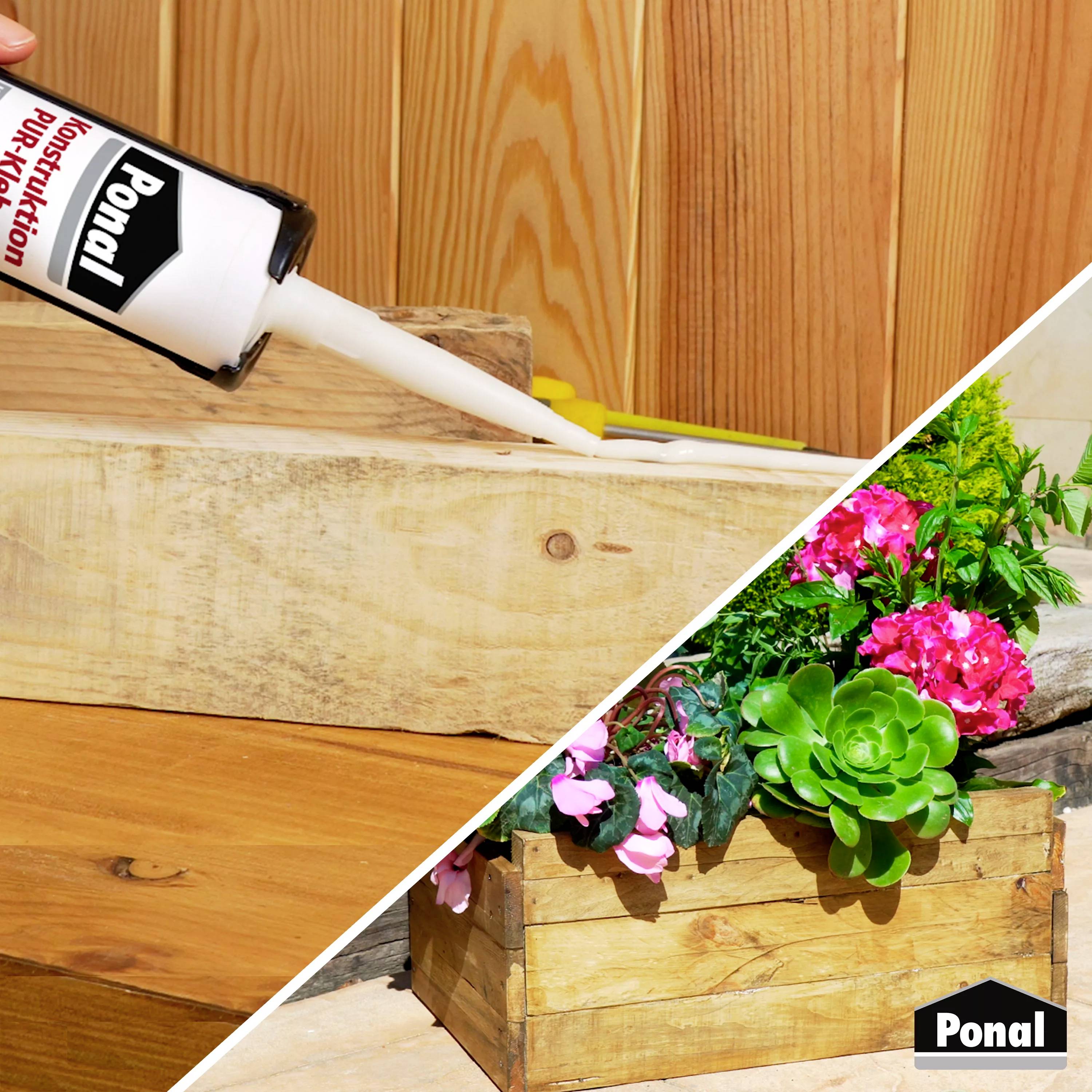 Eine Hand verwendet 'Ponal Konstruktion' Kleber, um eine hölzerne Kiste mit bunten Blumen zu reparieren. Hintergrund ist eine Holzverkleidung.