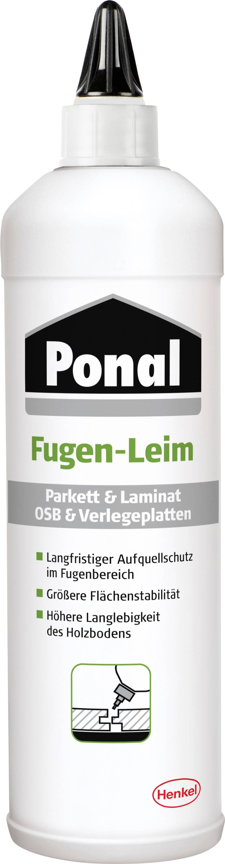 Ponal Fugen-Leim Flasche für Parkett und Laminat mit Eigenschaften: langfristiger Fugenschutz, höhere Stabilität und Haltbarkeitsverbesserung.