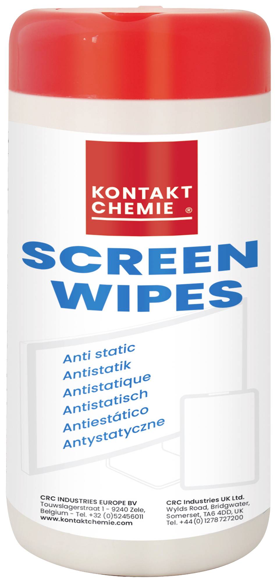Verpackung von Kontakt Chemie Screen Wipes mit antistatischer Wirkung. Enthält 100 Tücher für die Reinigung von Bildschirmen.