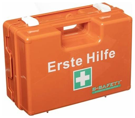 Eine orangefarbene Erste-Hilfe-Tasche mit der Beschriftung 'Erste Hilfe' und einem weißen Kreuz-Symbol, die medizinische Notfallausrüstung im Inneren kennzeichnet.