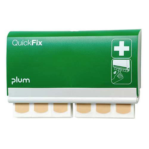 Grüne Pflasterspenderbox von Plum mit der Aufschrift 'QuickFix'. Enthält hautfarbene Pflaster und zeigt ein Symbol zur Handhabung.