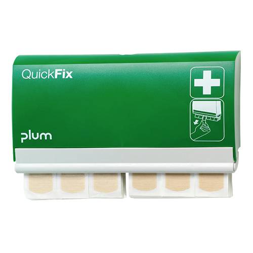 'QuickFix'-Pflasterspender von Plum, grün mit weißem Kreuzsymbol. Enthält Pflaster und zeigt Piktogramm zur Entnahme.