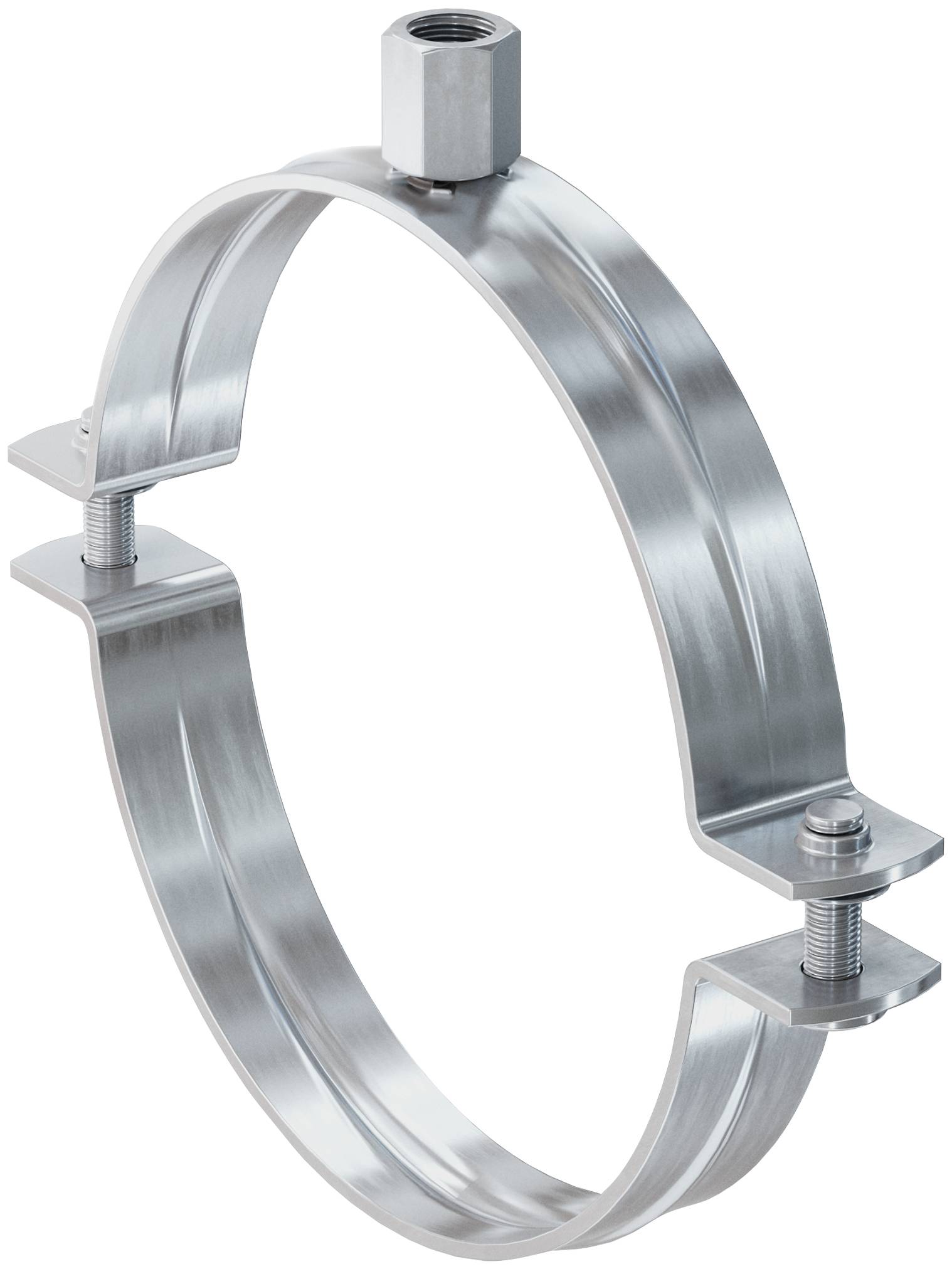 Metallrohrschelle mit Rundband, Gewindeverbindung oben und zwei verstellbaren Befestigungswinkeln auf weißem Hintergrund.