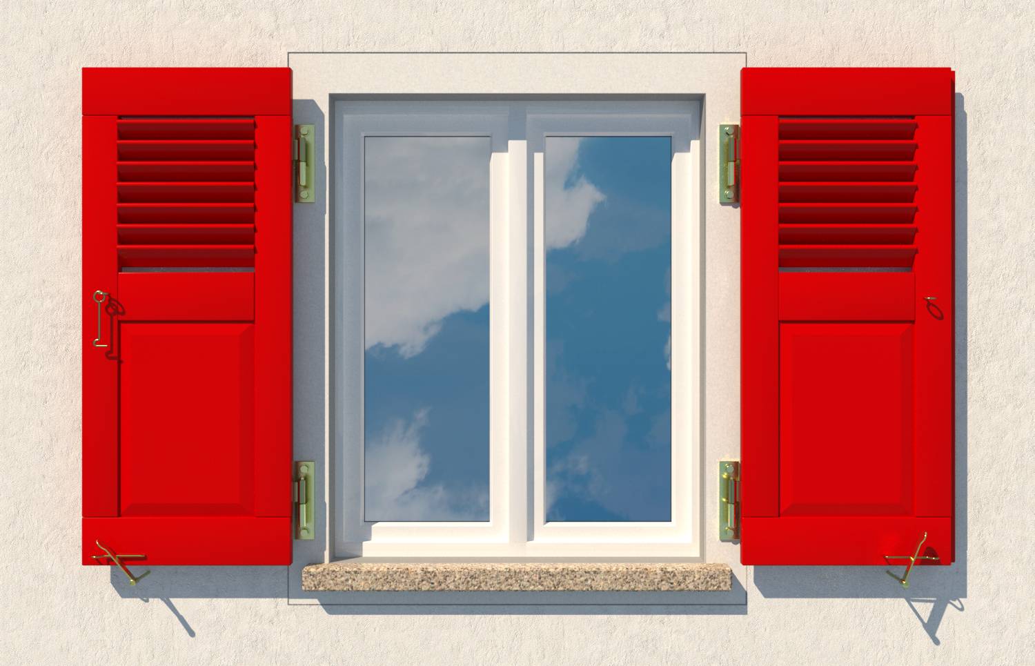 Fenster mit weißem Rahmen und Glassscheiben mit roten Fensterläden auf beiden Seiten, gezeigt vor einer beigen Wand.