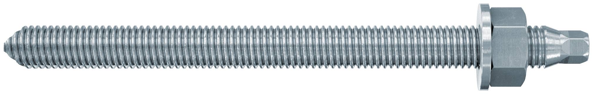 Gewindestift aus Metall mit Mutter und konischer Spitze, horizontal auf weißem Hintergrund dargestellt.