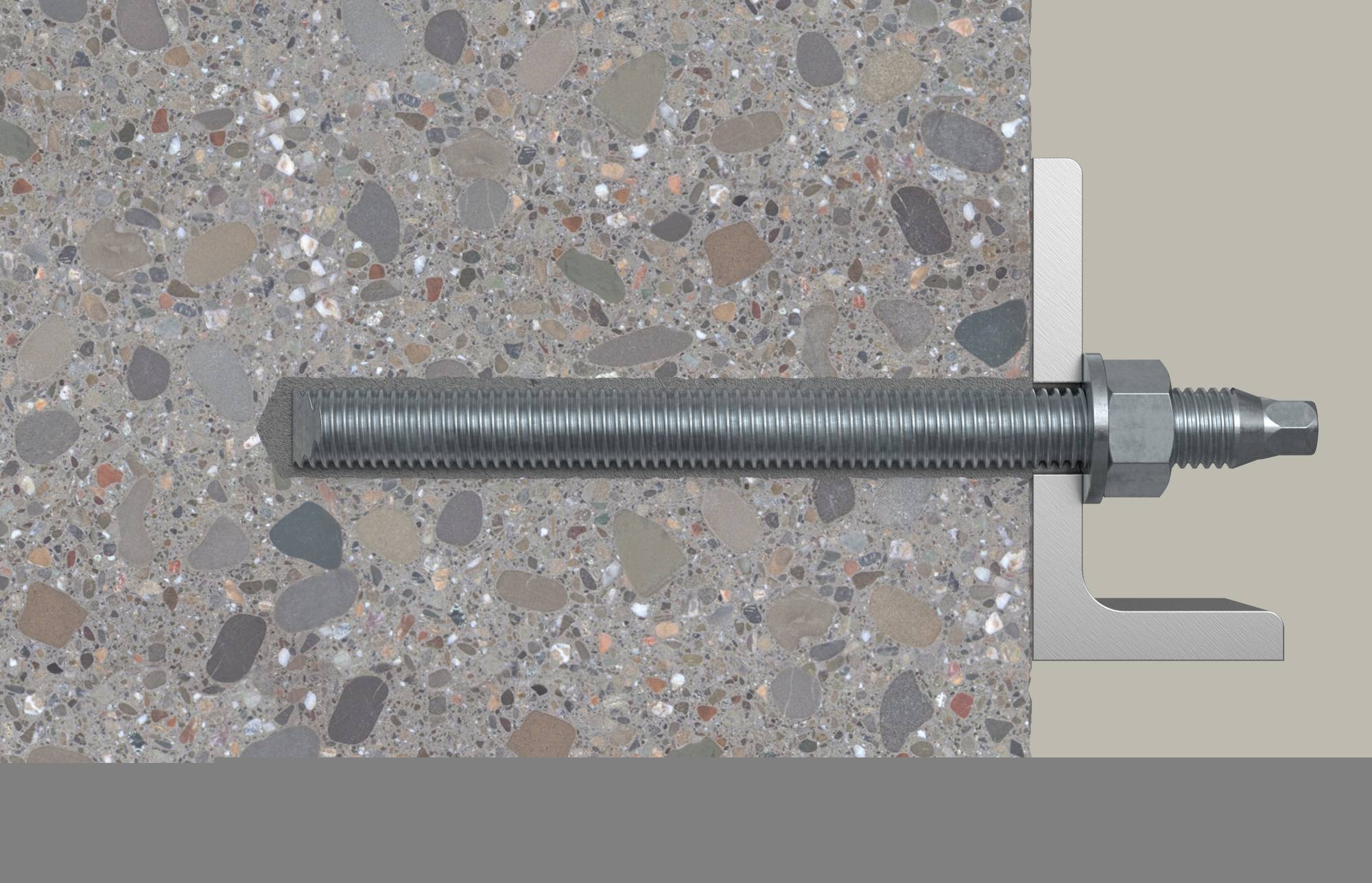 Ankerschraube, die in einer Betonwand installiert ist, zeigt die Gewindestange, die Mutter und den Expansionsanker, die eine Metallhalterung sichern.