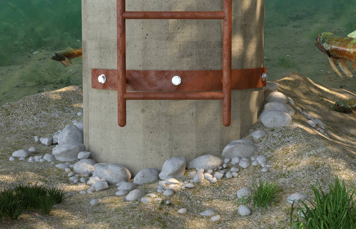 Betonpfeiler mit einer roten Metallleiter, die daran befestigt ist, umgeben von Steinen und seichtem Wasser mit sichtbaren Fischen auf beiden Seiten.