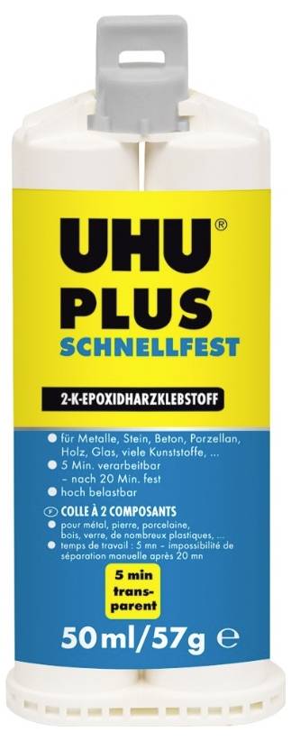 Eine Tube 'UHU Plus Schnellfest' 2K-Epoxidharzkleber, 50 ml/57 g, für Metall, Stein, Beton, poröse Oberflächen, transparent in 5 Minuten.
