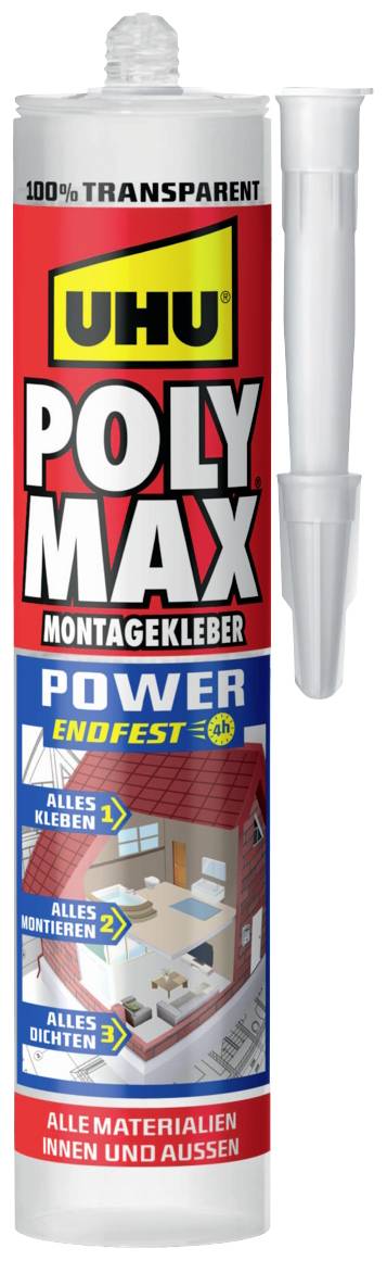 Transparenter Alleskleber 'Poly Max' von UHU für Montagen. Eignet sich zum Kleben, Montieren und Abdichten für innen und außen.