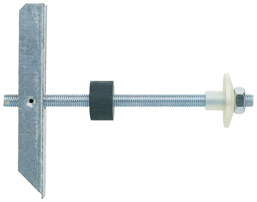 Metallwandanker-Bolzen mit einer Gewindestange, schwarzem Abstandshalter, Unterlegscheibe und Mutter zur Befestigung einer vertikalen Metallplatte.