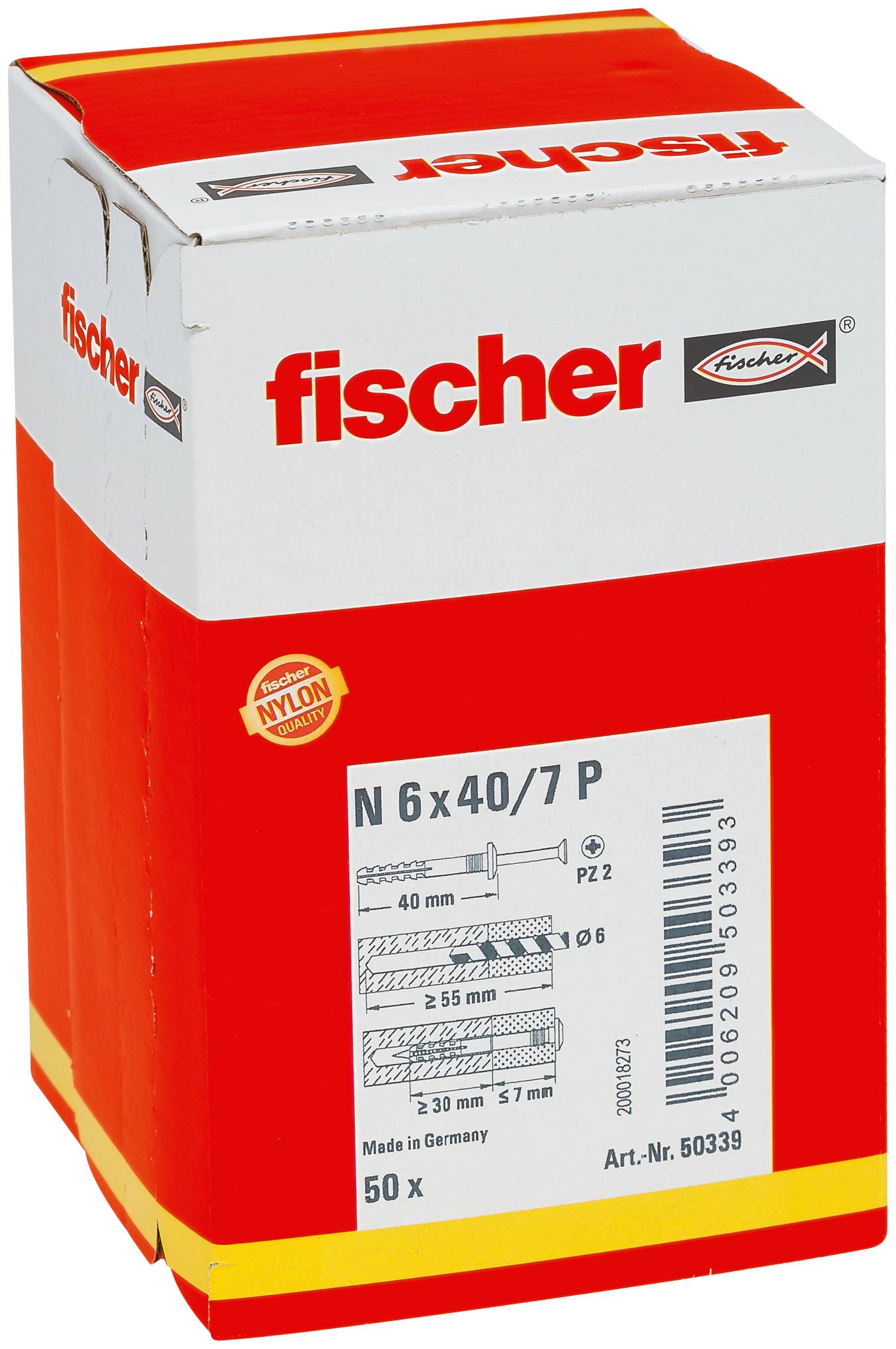 Karton Fischer Nylon-Dübel, Modell N 6 x 40/7 P, 50 Stück, rot-weiße Verpackung.