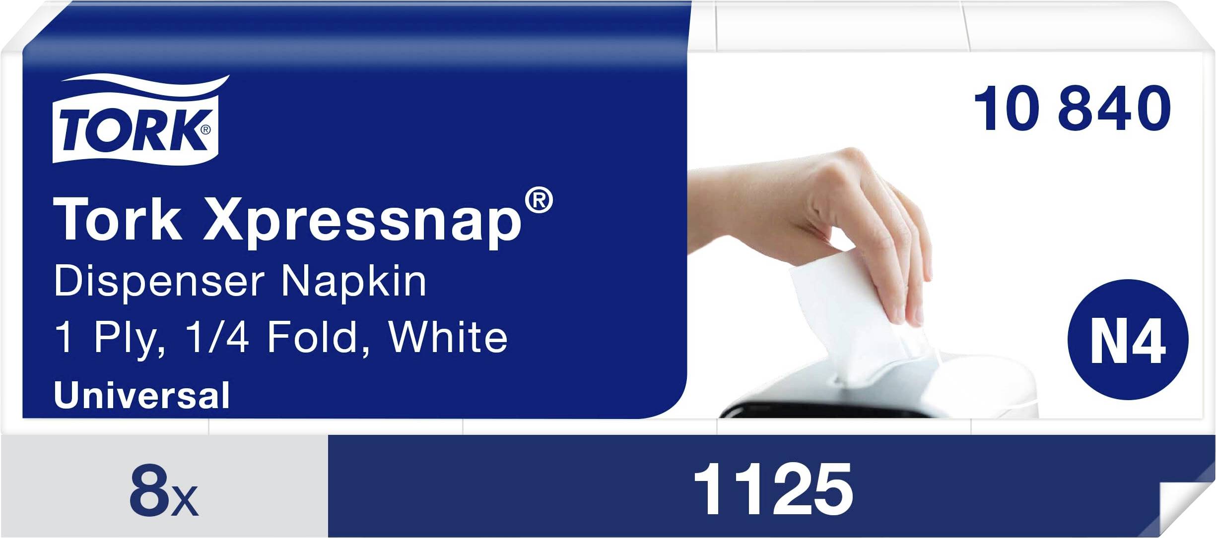 Tork Xpressnap Spenderservietten-Packung, weiß, 1-lagig, 1/4-Falz, Universal N4, mit 1125 Servietten und 8 Packungen gezeigt.