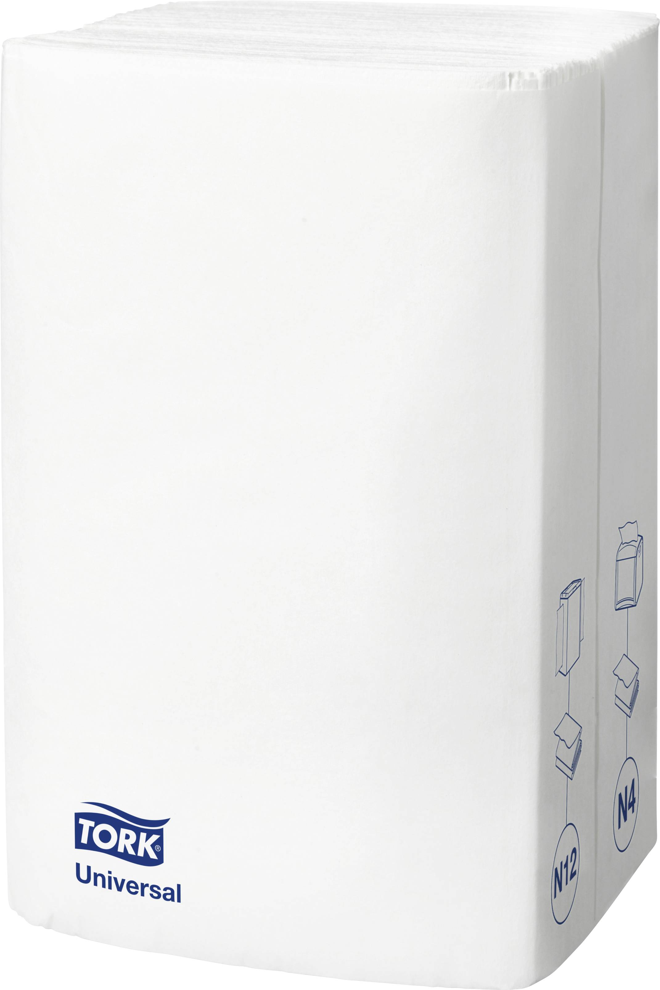 Papierhandtücherstapel der Marke Tork Universal, in Weiß. Links unten ist das Tork-Logo. Rechts Symbole für Falthandtücher.