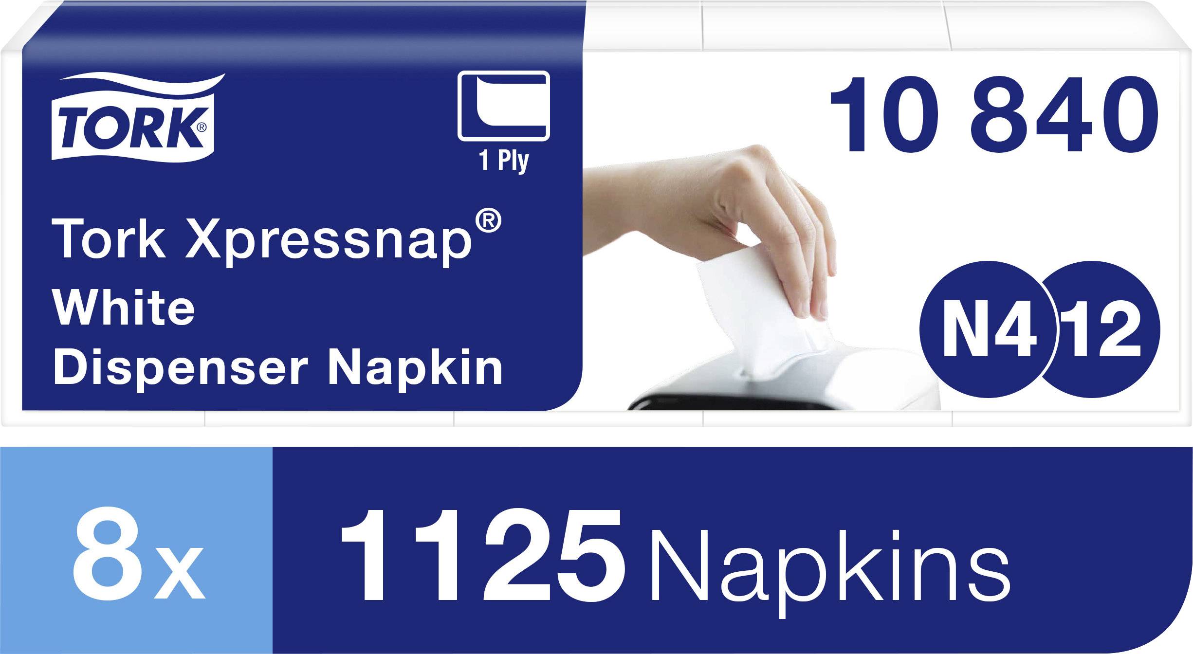 Serviettenverpackung von Tork Xpressnap, 8 Packungen à 1125 weiße Servietten, Artikelnummer 10840. Eine Hand entnimmt eine Serviette.