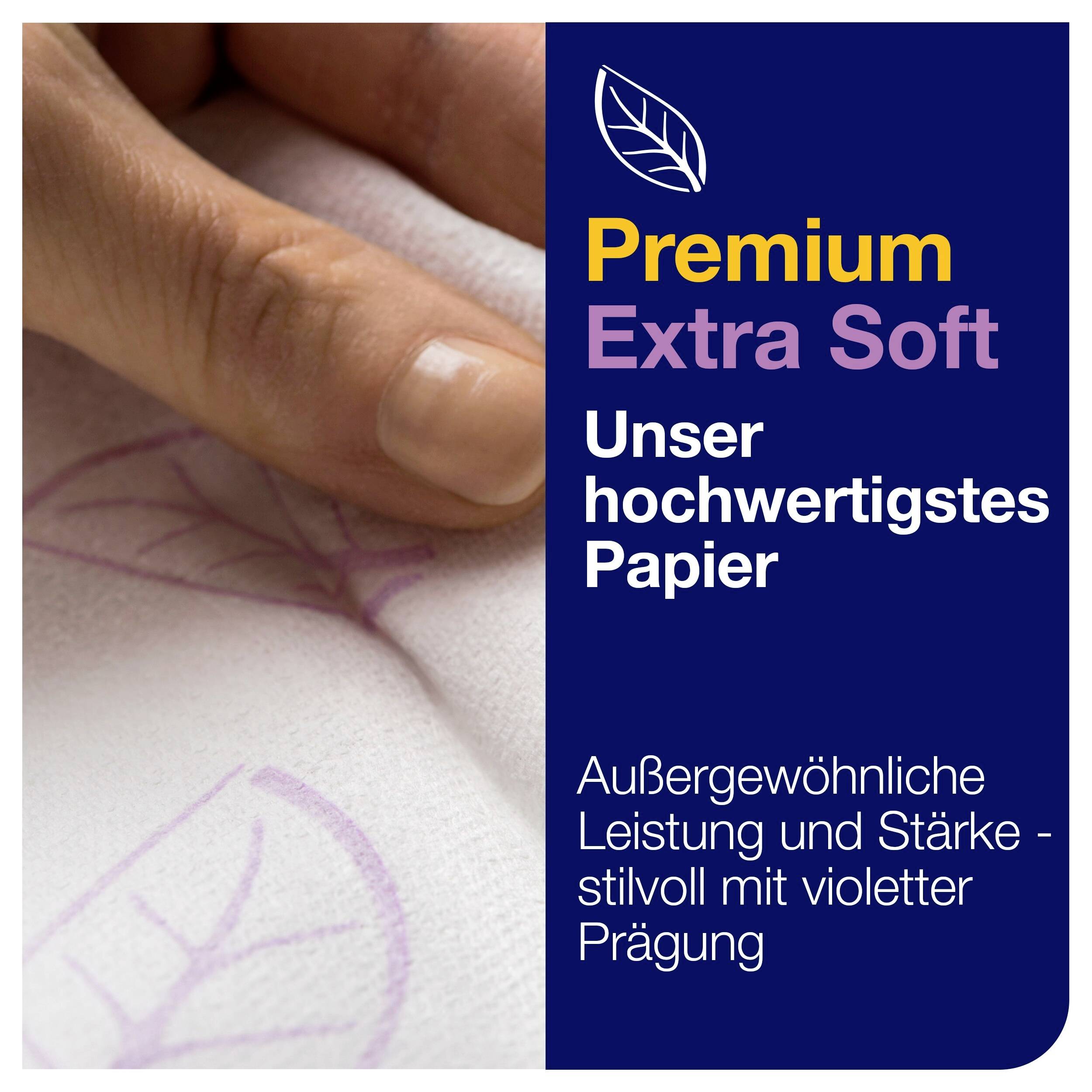 'Premium Extra Soft' Papier mit violetter Prägung, beworben als hochwertigstes Produkt mit außergewöhnlicher Leistung und Stärke.