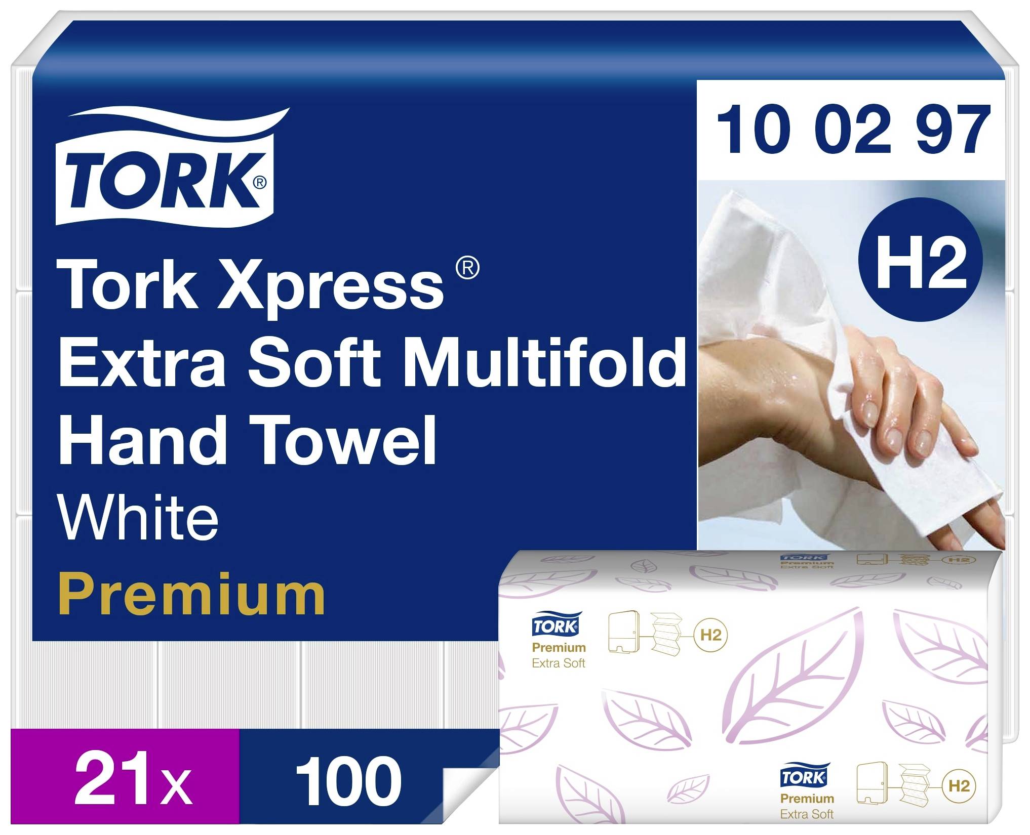 Verpackung Tork Xpress Extra Soft Multifold Handtuch, Weiß, Premium-Qualität, 21 Pakete, 100 Handtücher pro Paket, H2 System.