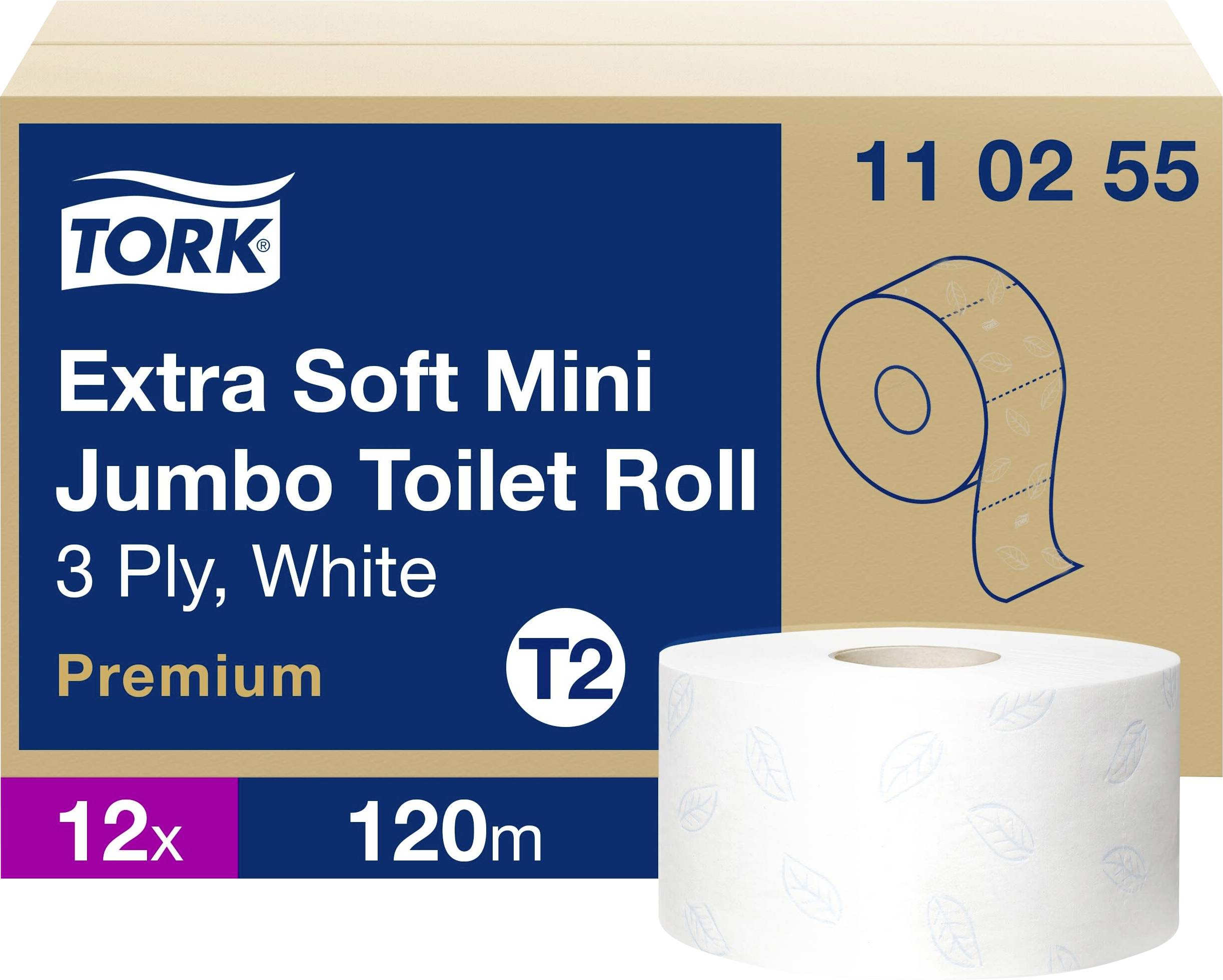 Tork Extra Soft Mini Jumbo Toilettenpapierrolle, 3-lagig weiß Premium T2, 12 Rollen, je 120 m.