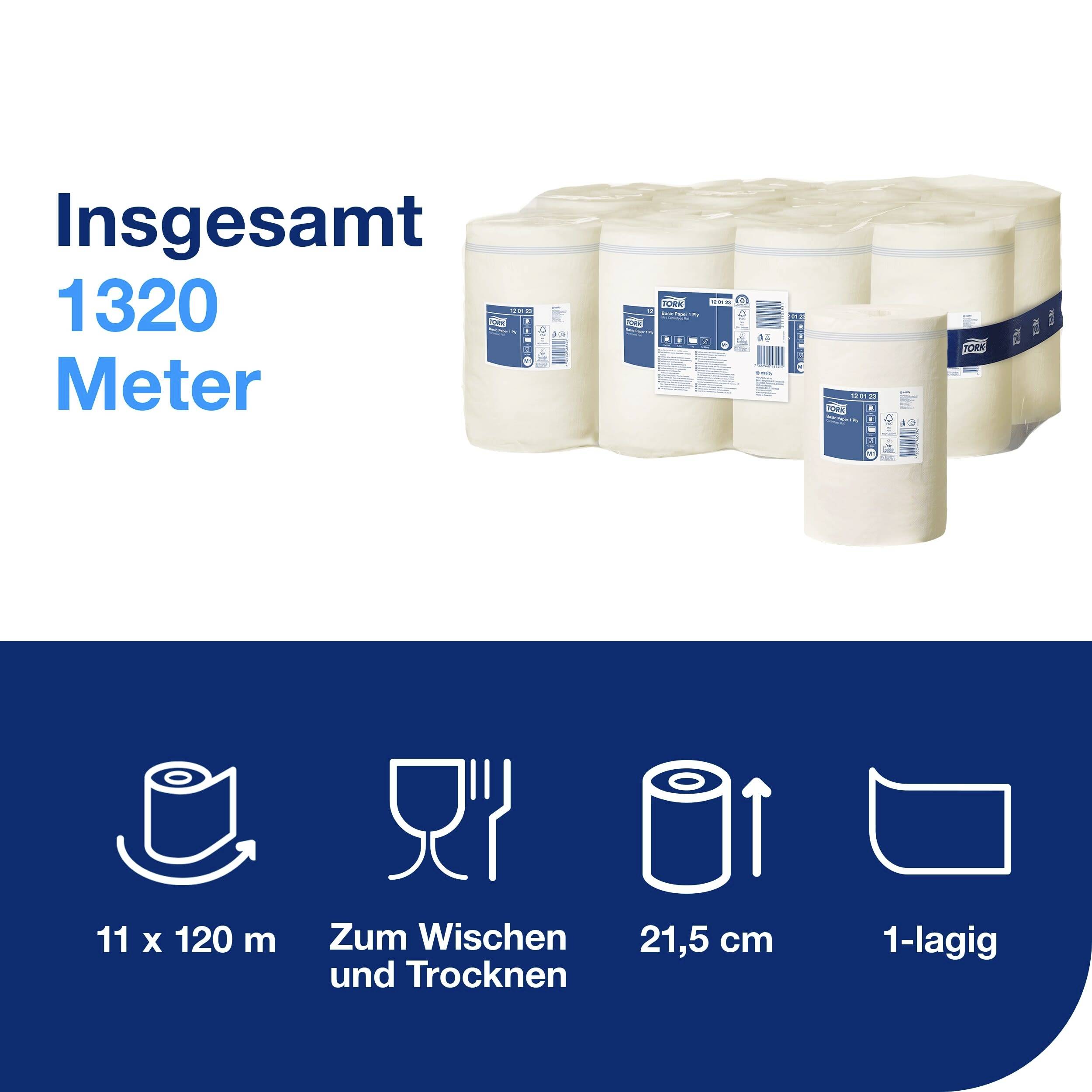 Sechs Rollen Papierhandtücher, insgesamt 1320 Meter lang. Details: 11 Rollen à 120 m, geeignet zum Wischen und Trocknen, 21,5 cm breit, 1-lagig.