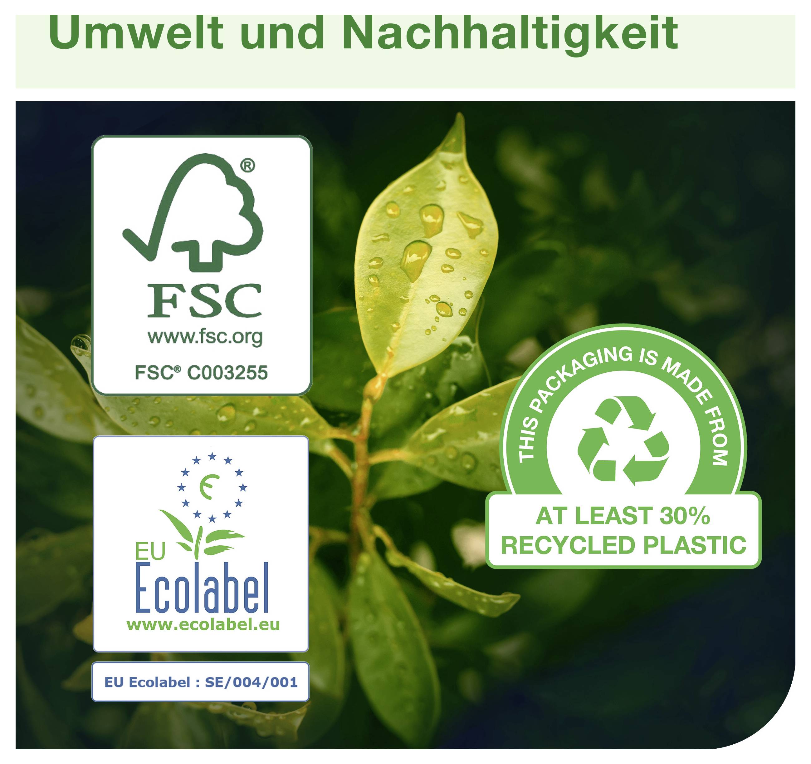 Illustration zu Umwelt und Nachhaltigkeit mit FSC- und EU-Ecolabel-Logos sowie Hinweis: 'This packaging is made from at least 30% recycled plastic'.