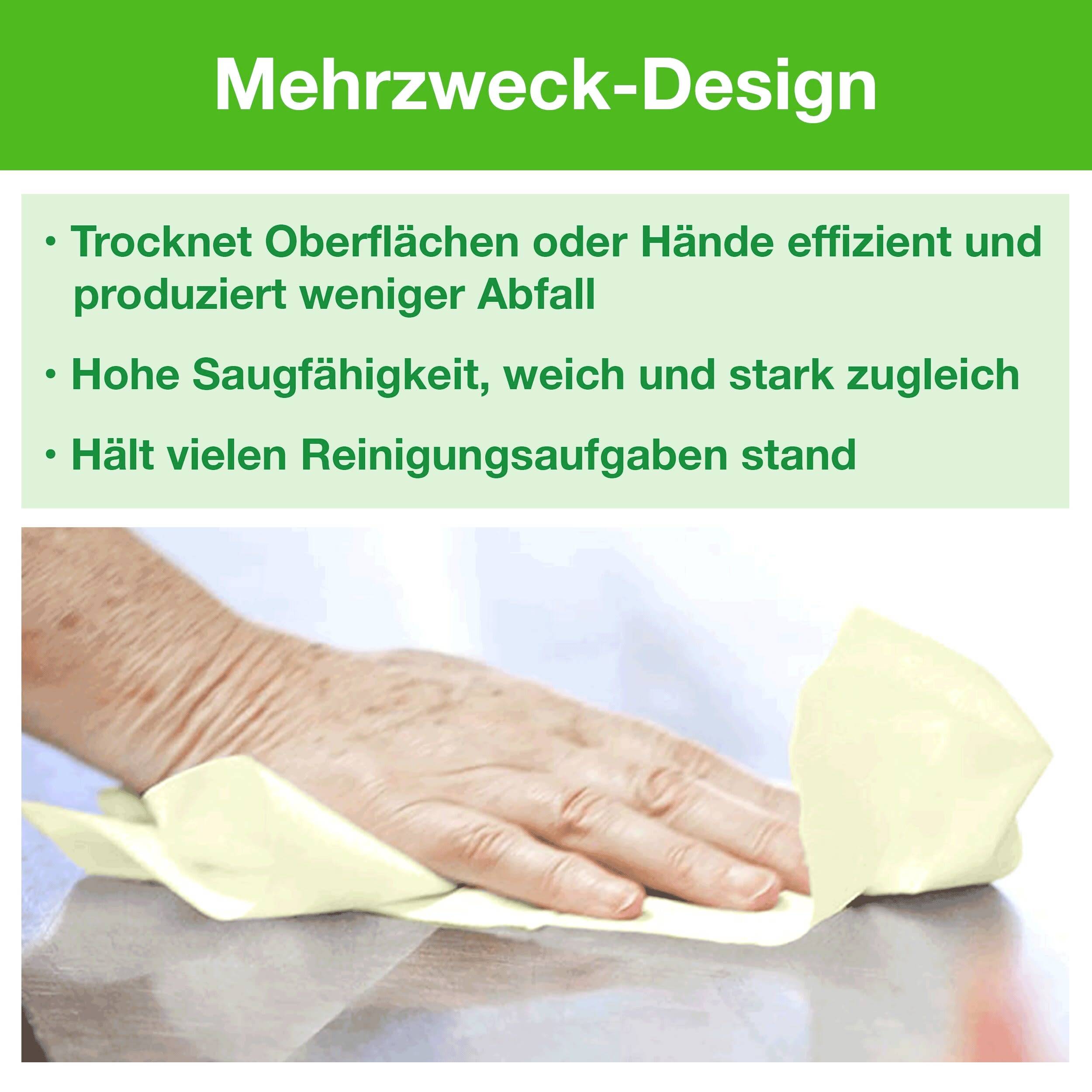 Eine Hand wischt mit einem gelben Tuch über eine Oberfläche. Text beschreibt Tuch als effizient, saugfähig und langlebig.