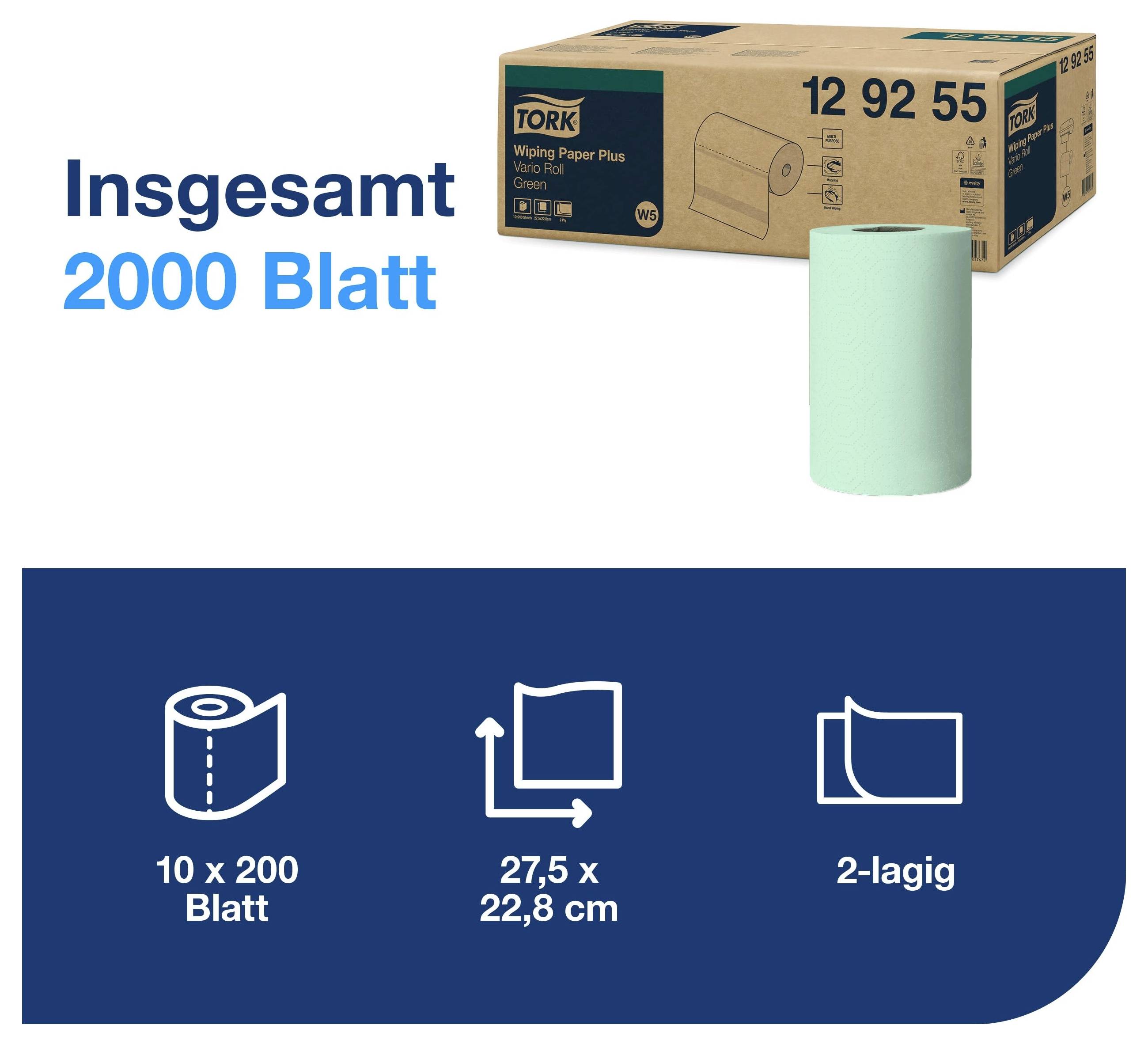 Tork Wiping Paper Plus: insgesamt 2000 Blatt, 10 x 200 Blatt, 27,5 x 22,8 cm, 2-lagig; Packung und grüne Rolle abgebildet.