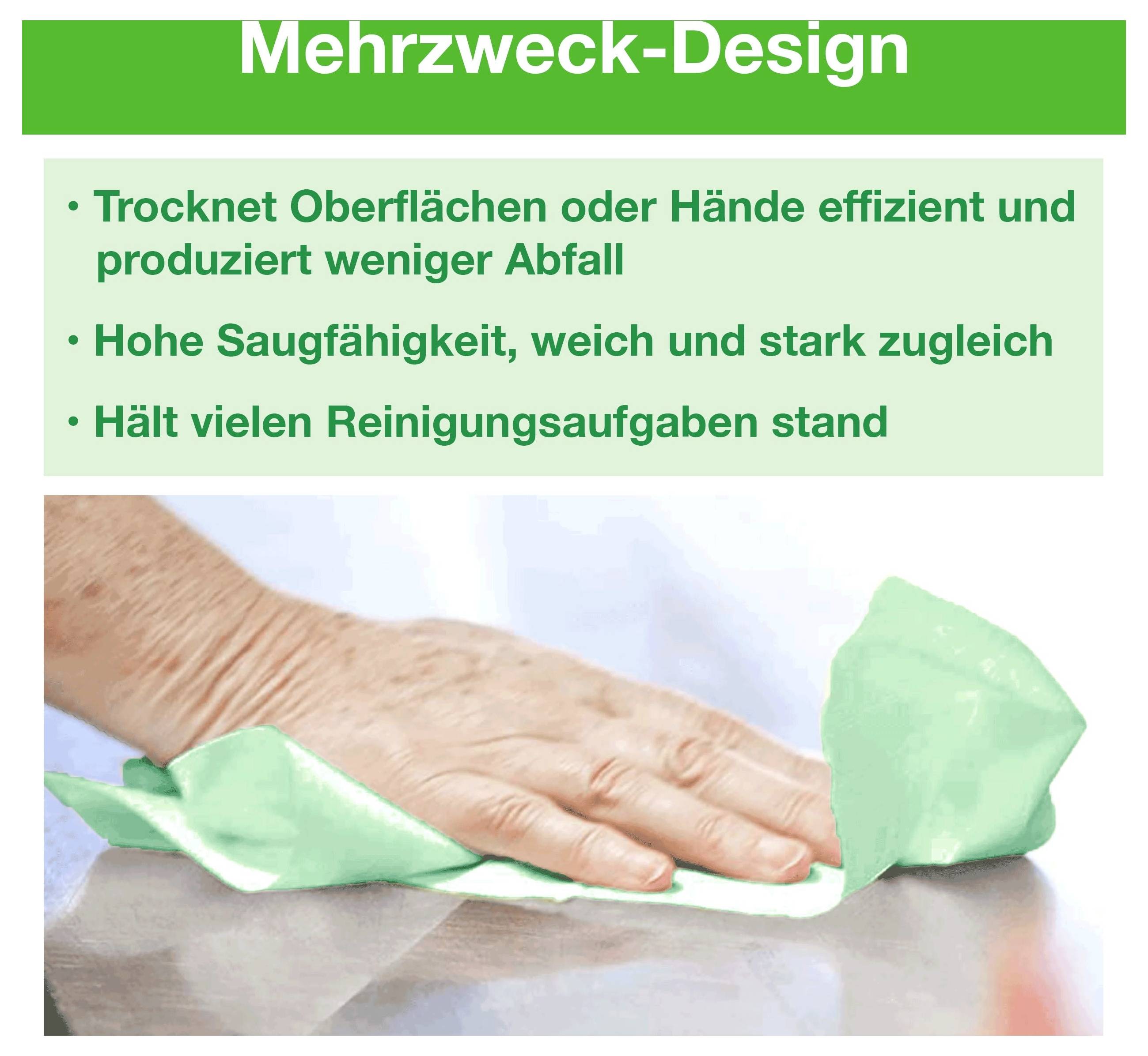 Werbegrafik für ein Mehrzweck-Design-Tuch: trocknet Oberflächen oder Hände effizient, saugfähig, weich und stark, für viele Reinigungsaufgaben.