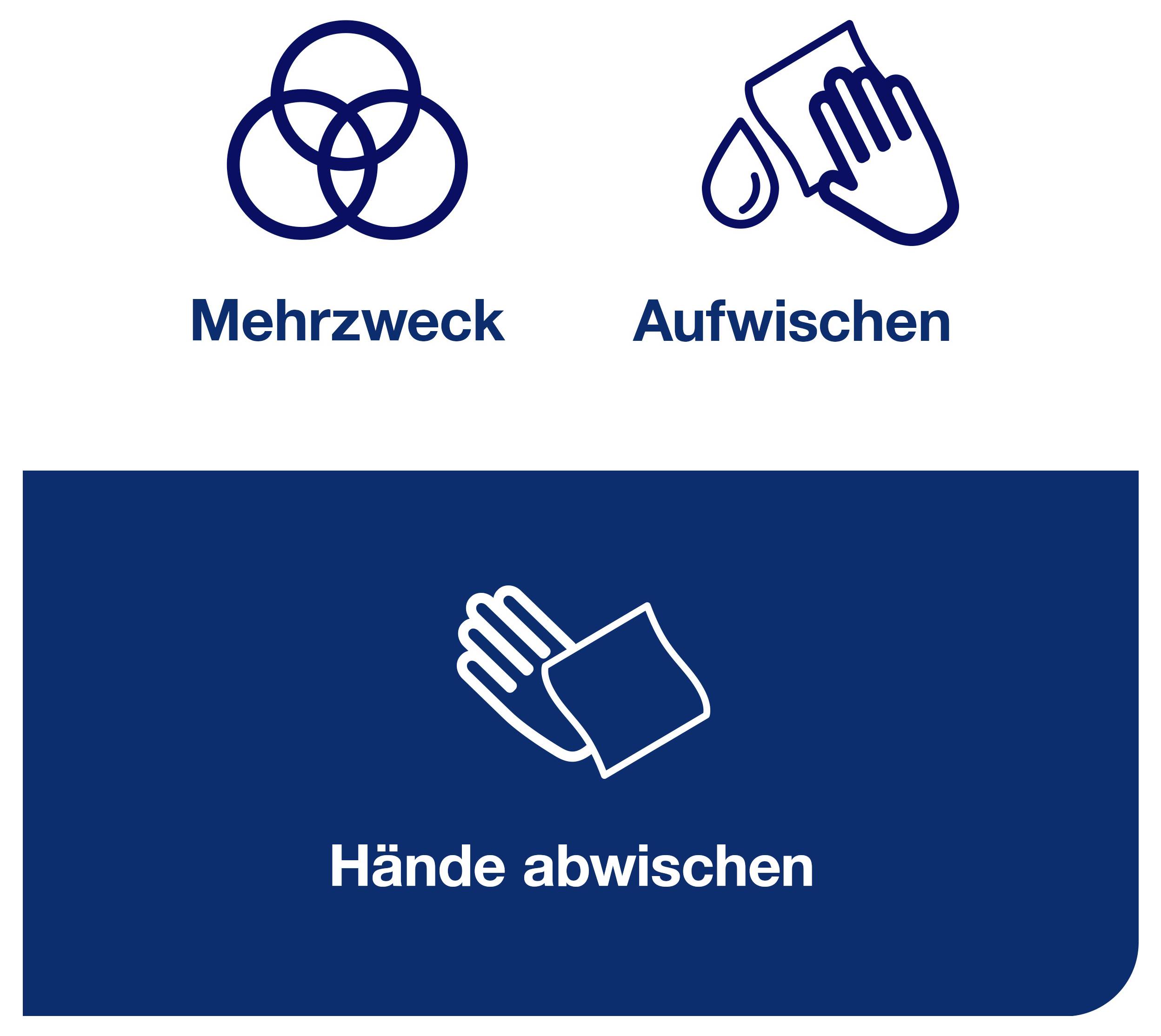 Anleitung zur Reinigung: Symbole für 'Mehrzweck' und 'Aufwischen'; darunter großes blaues Feld mit Hand-Icon und Text 'Hände abwischen'.