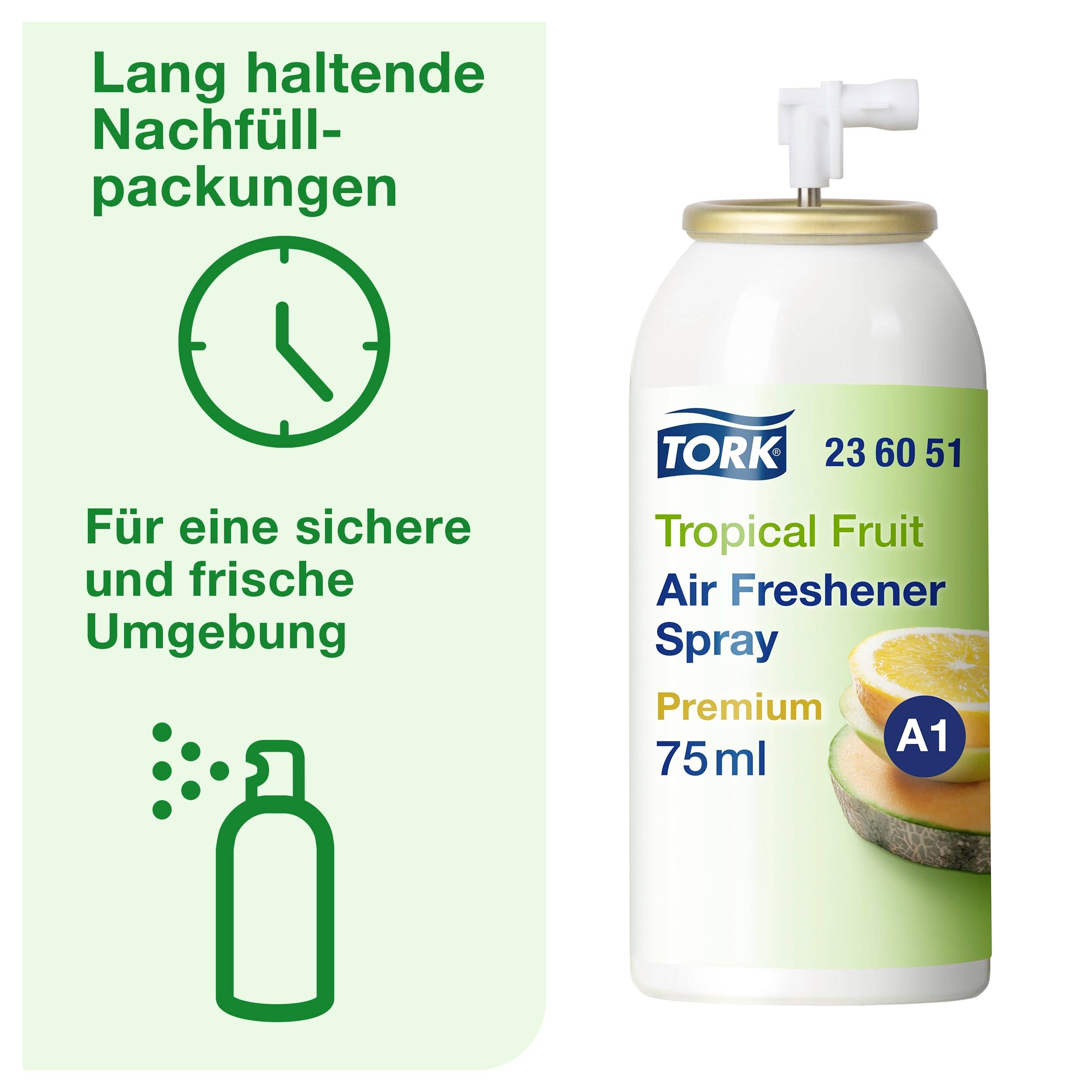 Langes Nachfüllen für eine sichere und frische Umgebung. Bild zeigt Tork Tropical Fruit Raumspray von 75 ml mit Orangenmotiv.