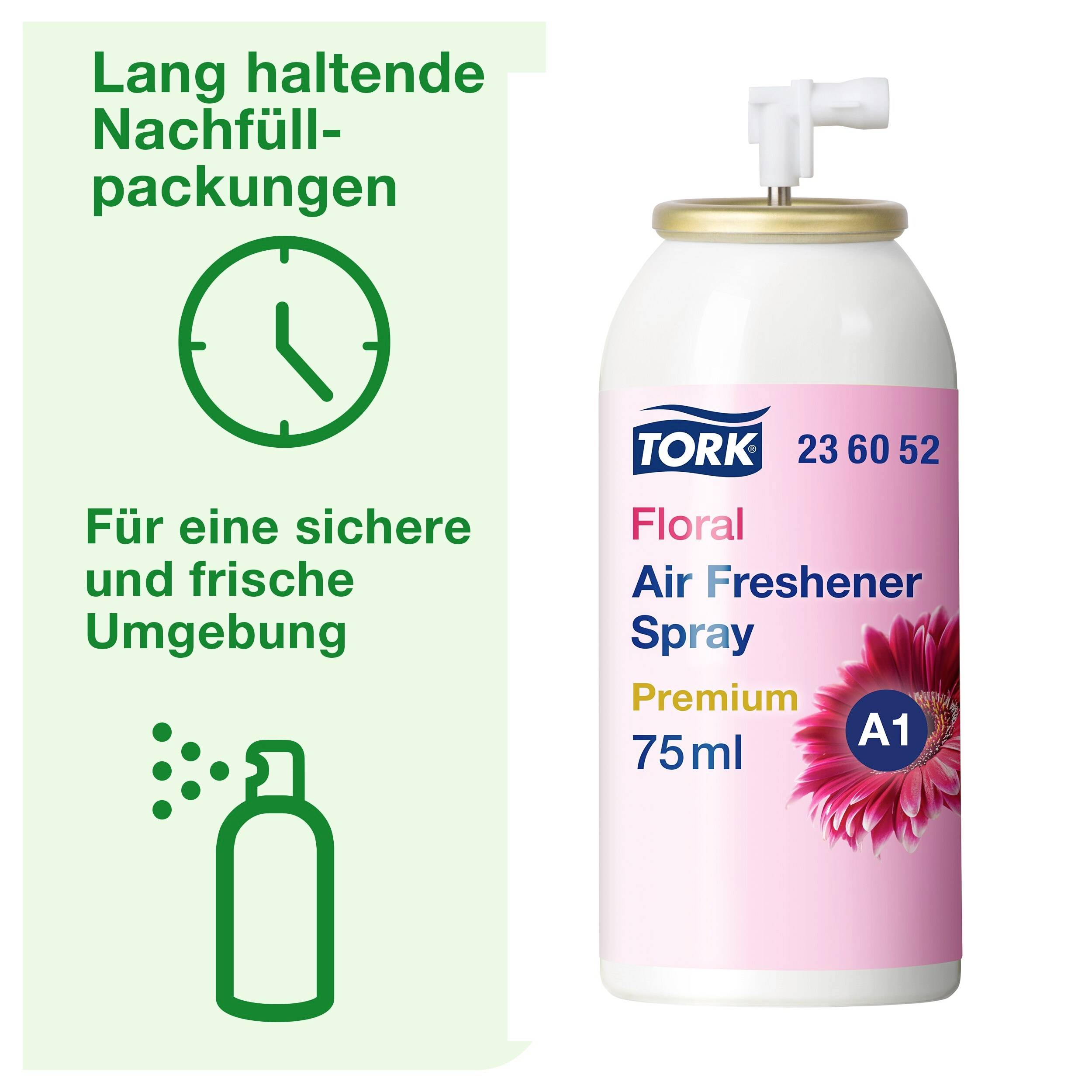 'Lang haltende Nachfüllpackungen für eine sichere und frische Umgebung.' Abbildung einer Tork Floral Air Freshener Sprayflasche.