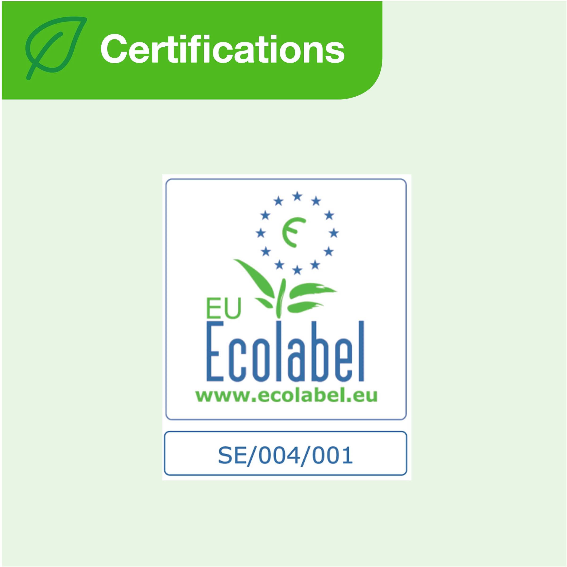 'EU Ecolabel-Logo mit Text 'www.ecolabel.eu' und der Zertifikatsnummer 'SE/004/001'. Grüner Hintergrund mit dem Wort 'Certifications'.'