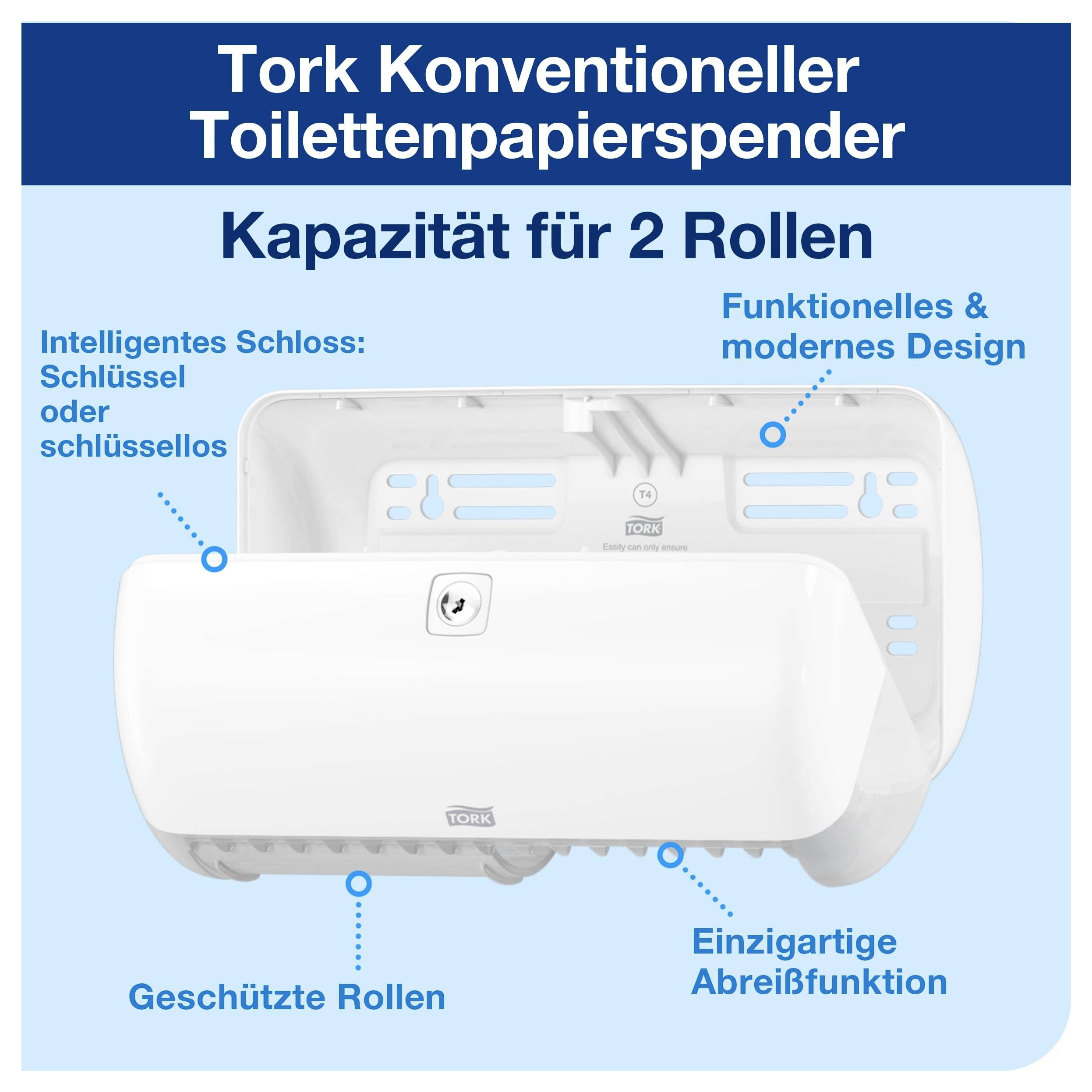 Produktbild eines Tork Toilettenpapierspenders mit 'Kapazität für 2 Rollen', intelligentem Schloss, geschützter Rollenaufbewahrung und Abreißfunktion.