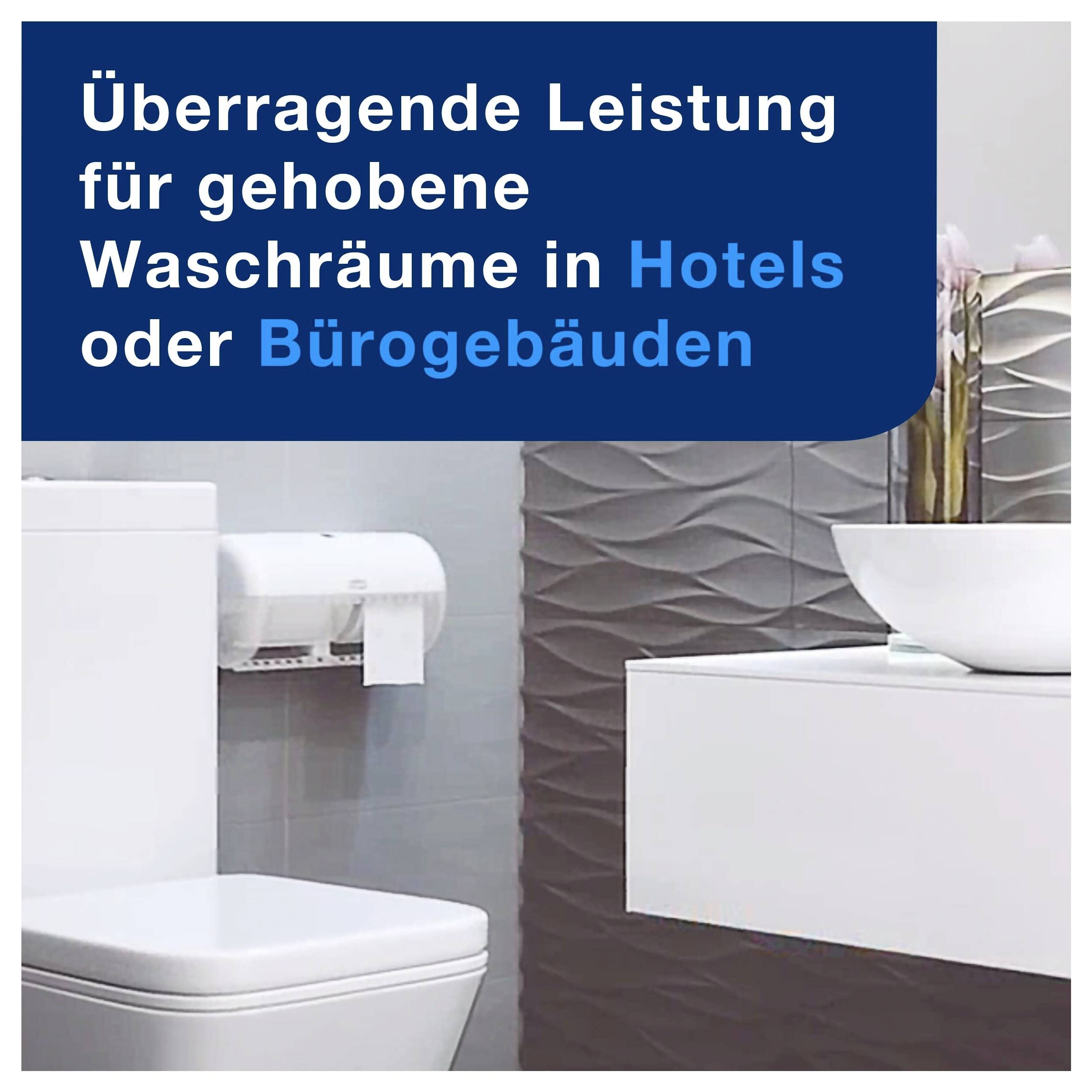 Werbetext für moderne Hotel- und Büro-Waschräume; zeigt ein elegantes Bad mit Toilette, Waschtisch und Handtuchspender.