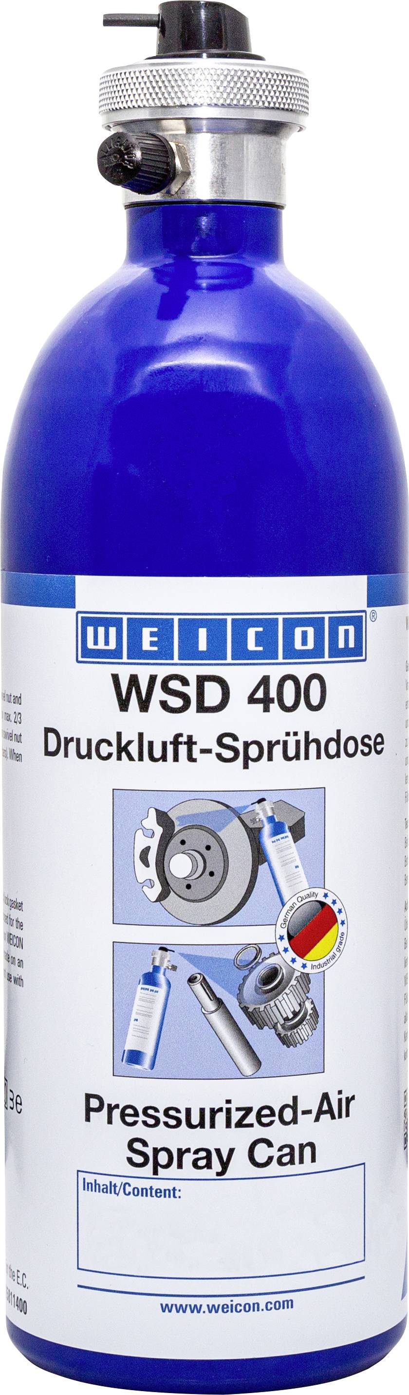 Blaue Druckluft-Sprühdose von Weicon, Modell WSD 400. Geeignet für verschiedene Anwendungen im technischen Bereich.