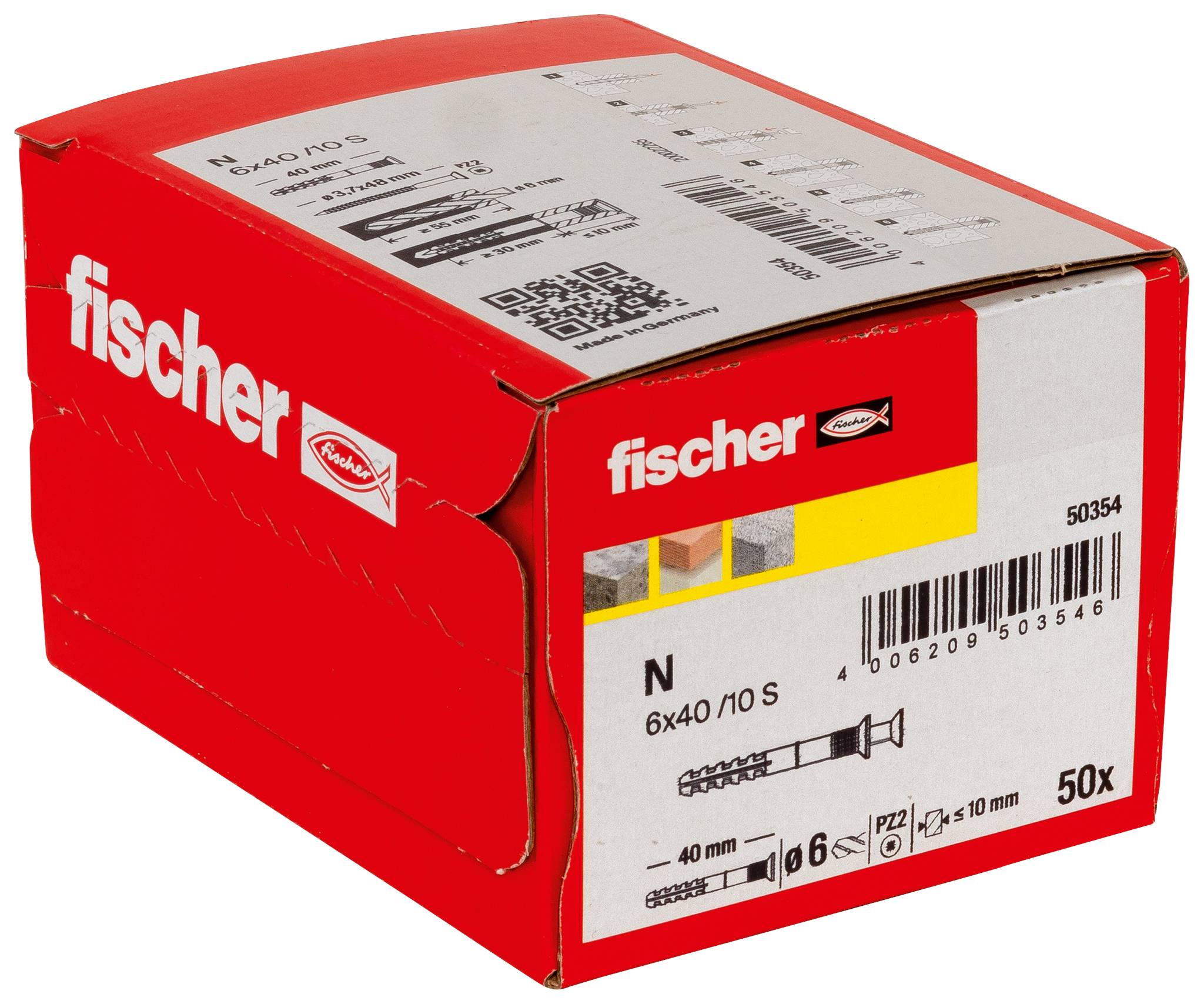 Rote Fischer-Schachtel mit 50 N 6x40/10 S Dübeln mit Produktetikett und Barcode auf der Vorder- und Oberseite.