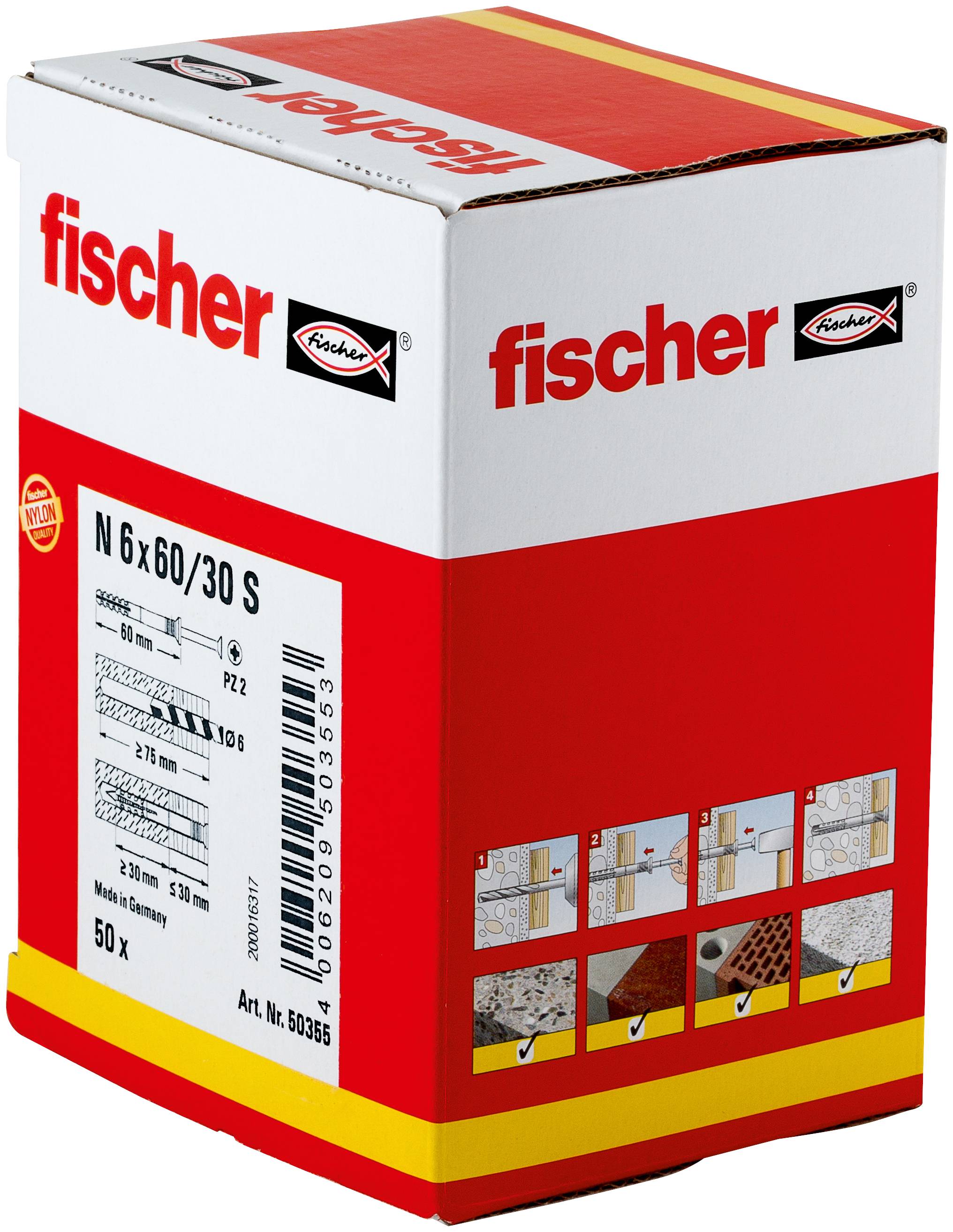Foto einer Fischer-Packung mit Wanddübeln/Ankern mit der Bezeichnung „N 6x60/30 S