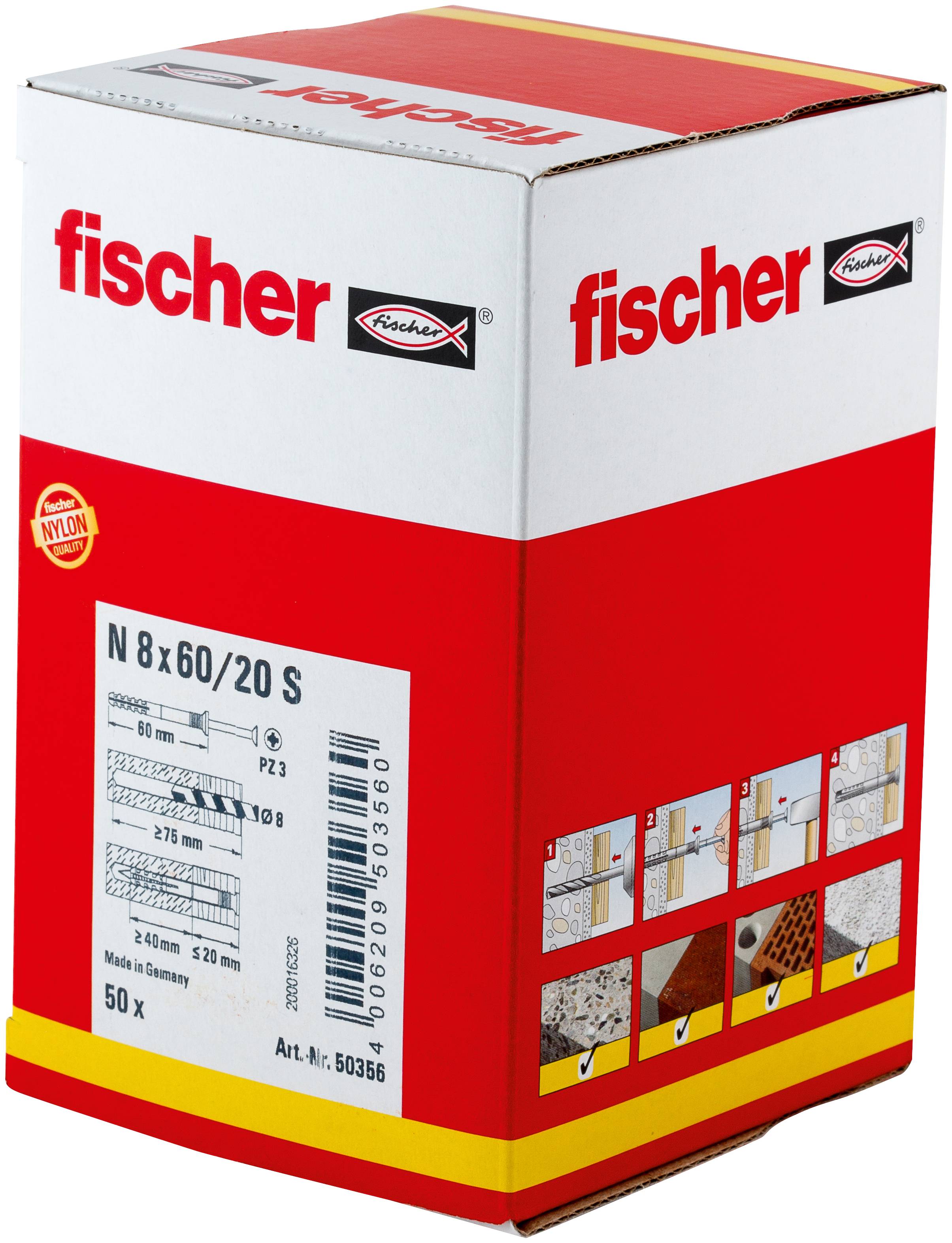 Rot-weiße Fischer-Schachtel mit Nylon-Dübeln, beschriftet mit N 8x60/20 S, mit Produktabbildungen und einer Verpackung mit 50 Stück.