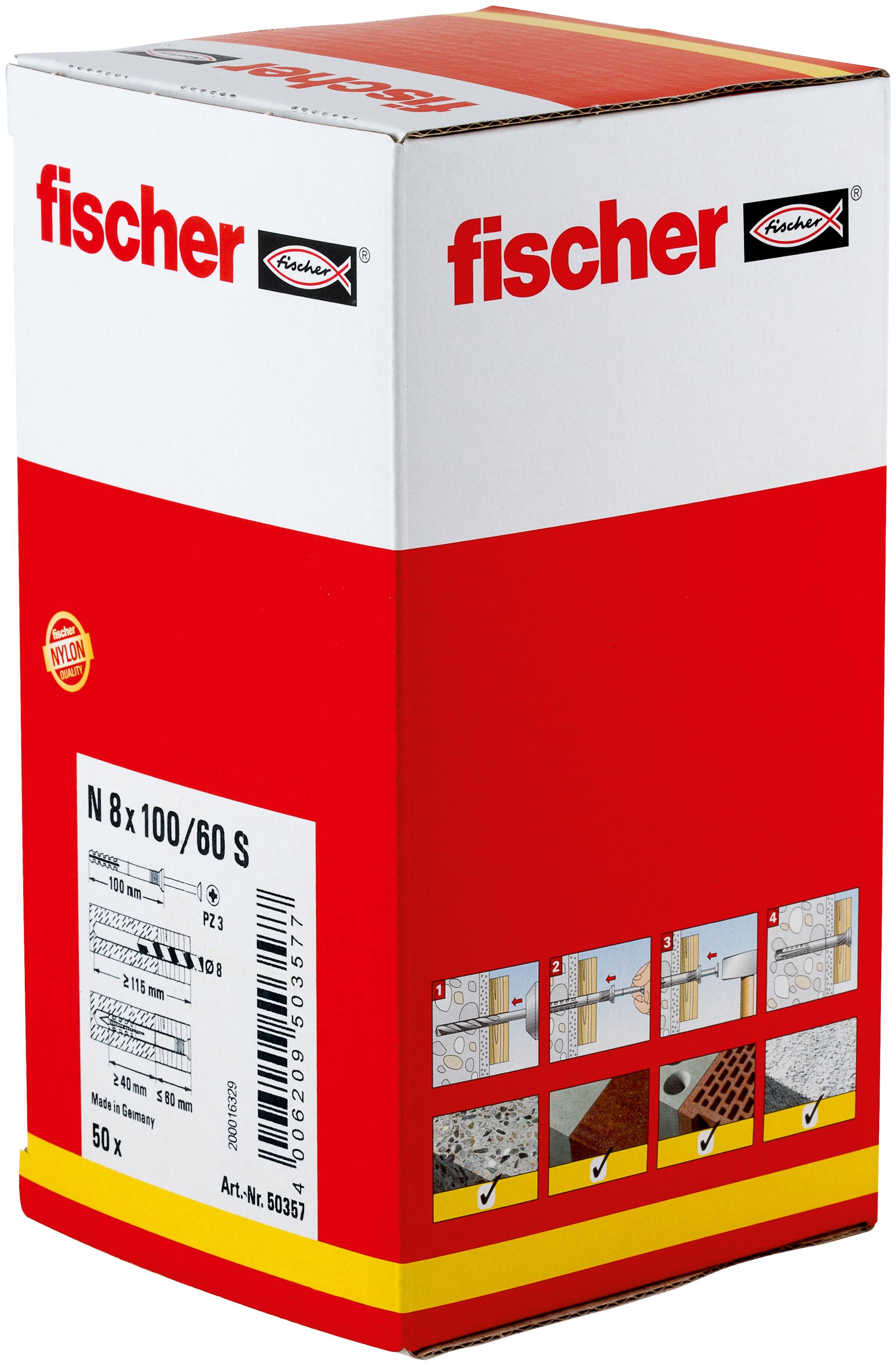 Kasten mit Fischer-Dübeln, mit der Bezeichnung „N 8 x 100/60 S