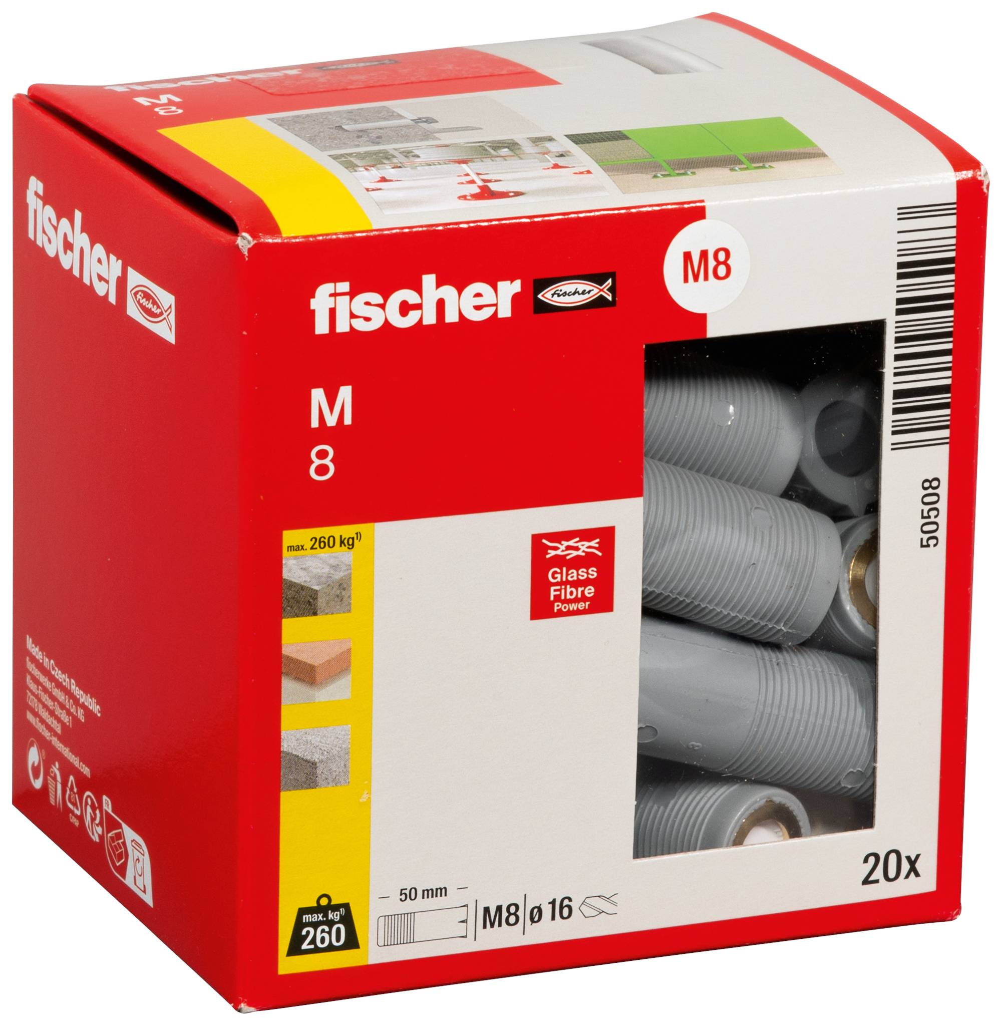 Fischer M8 Wanddübel-Set, rote Verpackung mit Sichtfenster, das graue Kunststoffanker zeigt; gekennzeichnet mit 