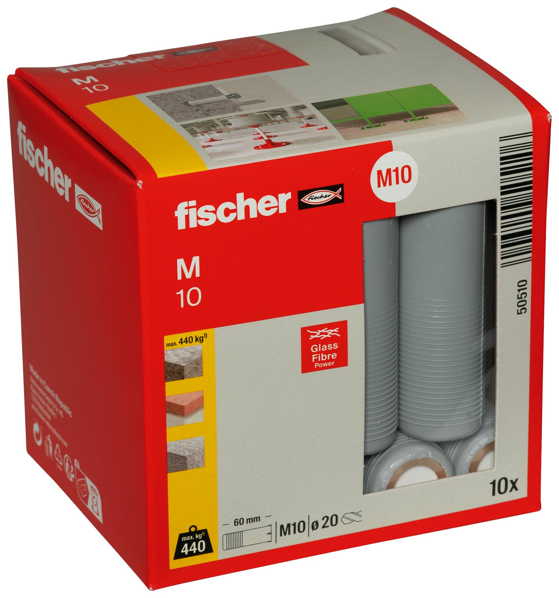 Karton mit Fischer M10 Dübeln, zeigt 10 graue Kunststoffdübel durch ein durchsichtiges Fenster.