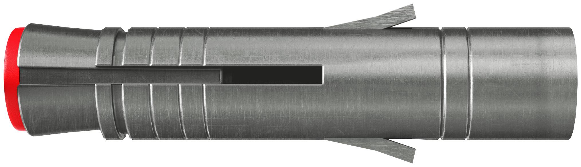Ein metallisches zylindrisches Gerät mit einer roten Kappe an einem Ende und zwei seitlichen Flossen, gezeigt vor weißem Hintergrund.