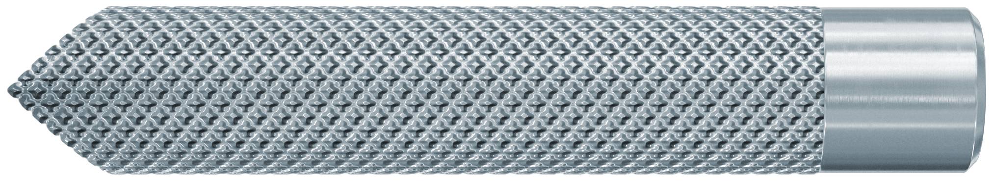 Nahaufnahme einer Metall-Schleiffeile oder Raspel mit einem zylindrischen, diamantmustertem strukturiertem Kopf und glatter silberner Schiene.