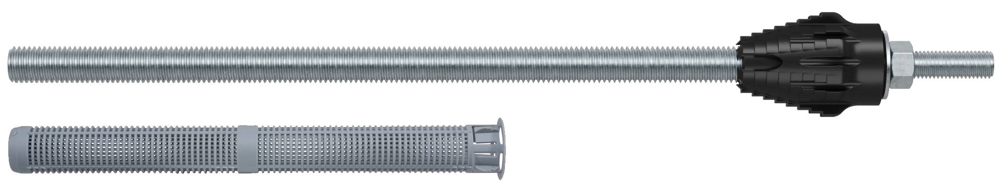 Zwei perforierte Metallröhren, eine mit schwarzem verstellbarem Griff auf der rechten Seite angebracht, dargestellt in einer Produktansicht nebeneinander.