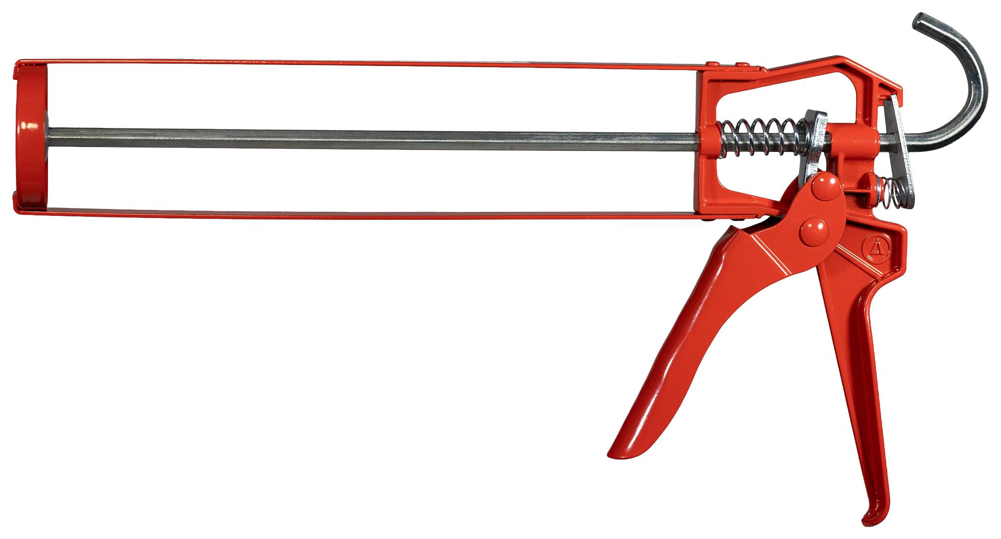 Rote Kartuschenpistole für Dichtmittel. Metallrahmen, Abzug und Haken zum Aufhängen. Verwendet für präzises Auftragen von Dichtstoffen.