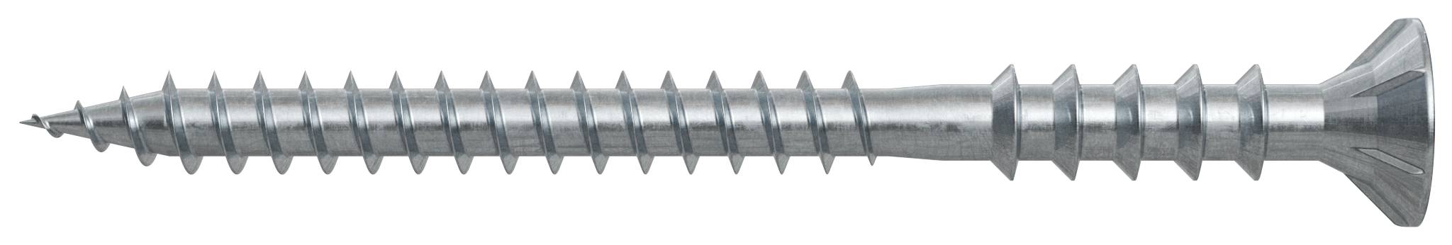 Eine silberne Metallschraube mit flachem, versenkem Kopf und grobem Gewinde auf weißem Hintergrund.