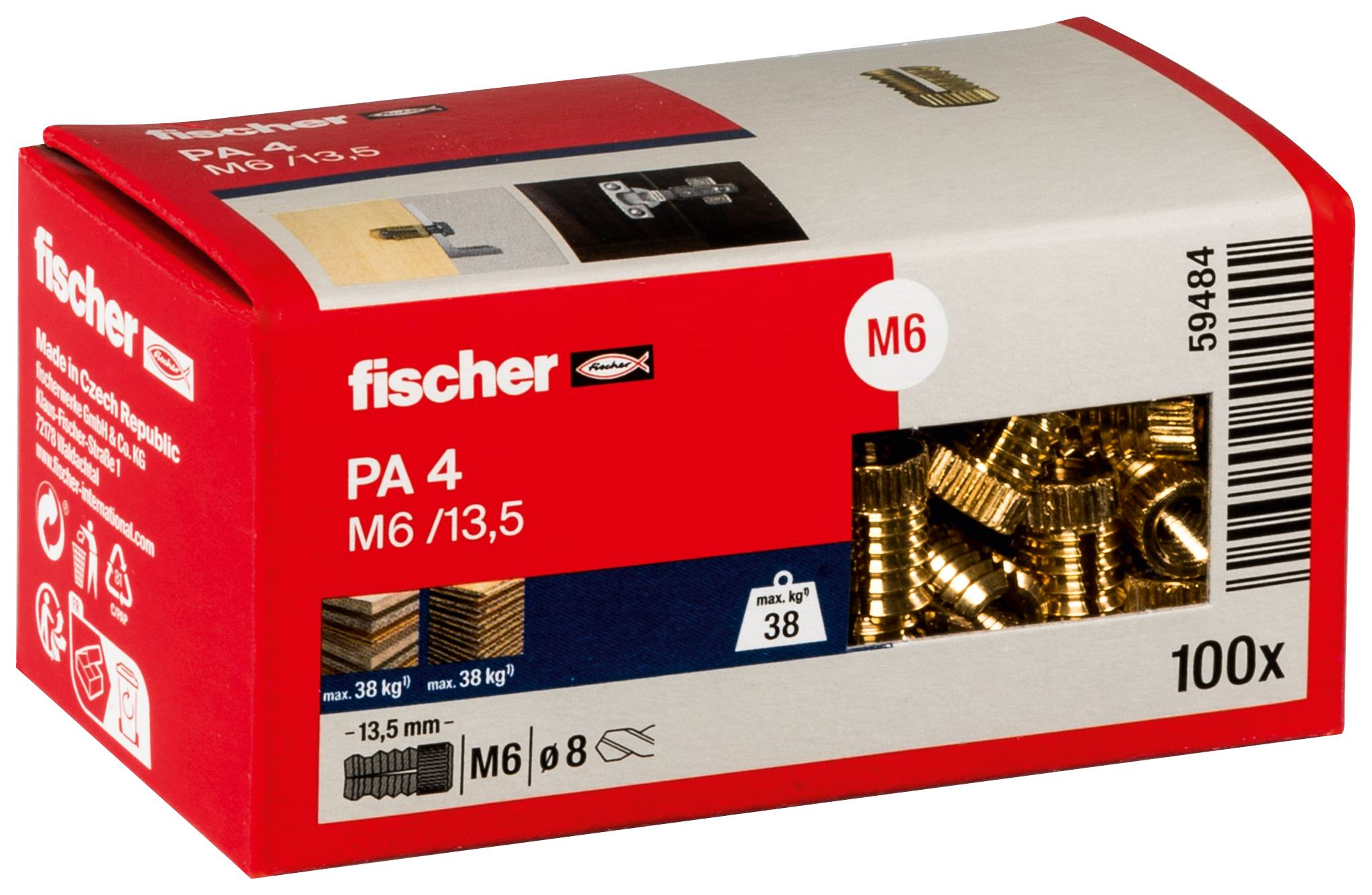 Rotfischer-Box mit PA 4 M6/13.5-Dübeln, mit Aufschrift 100x, mit sichtbaren messingfarbenen Schrauben hinter einem klaren Fenster.