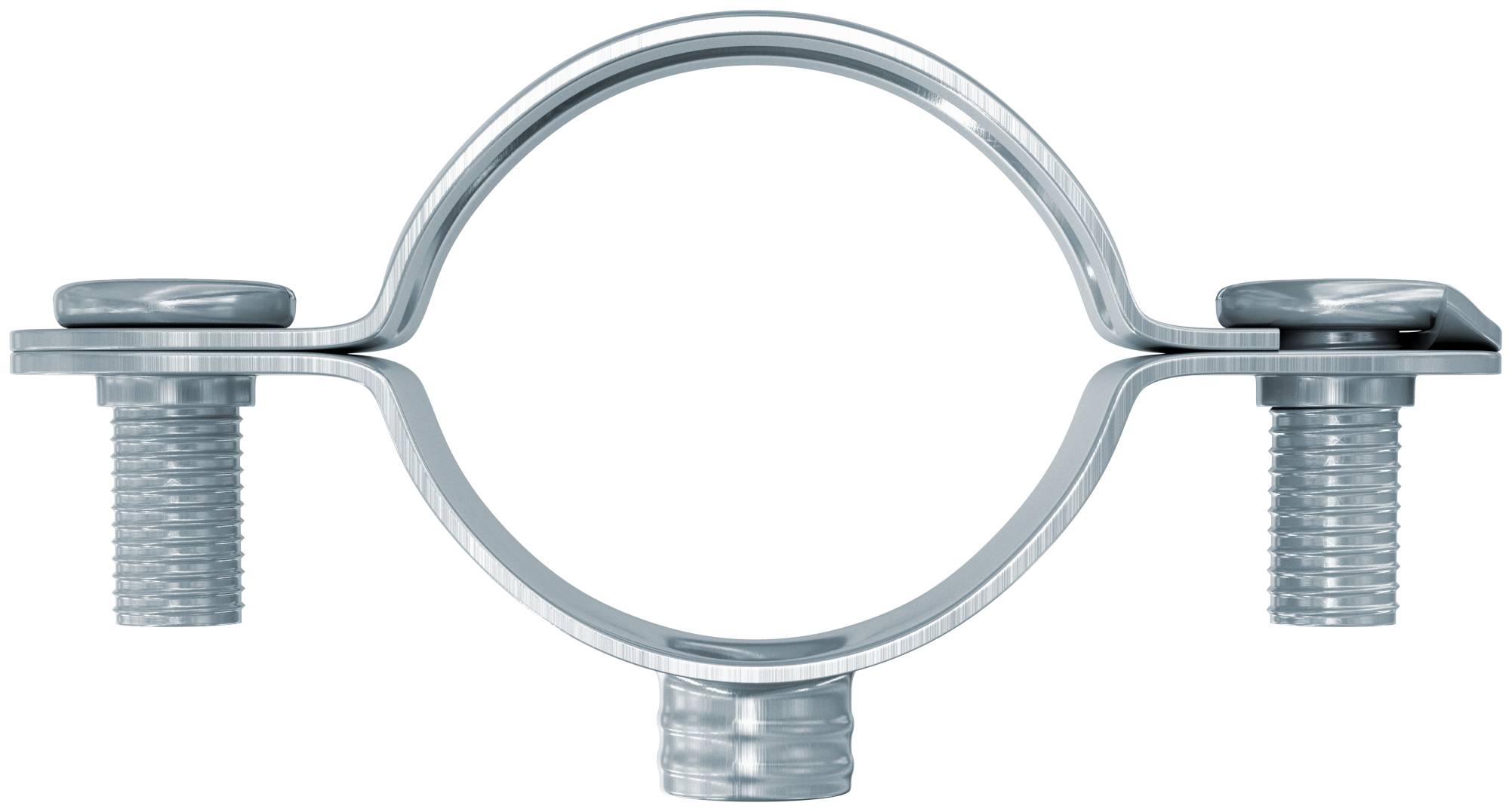 Metallrohrschelle mit drei Bolzen, die einen Kreisring um ein Rohr oder Kabel halten.