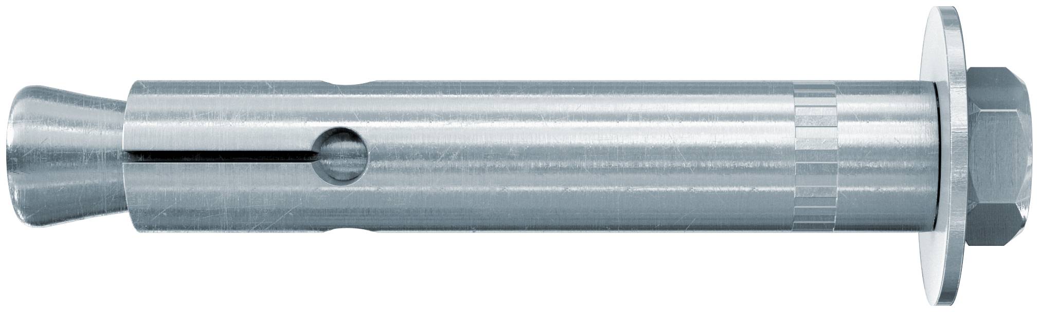Metallausdübelschraube mit Schlitzmuffe, Unterlegscheibe und Sechskantmutter in Seitenansicht auf weißem Hintergrund